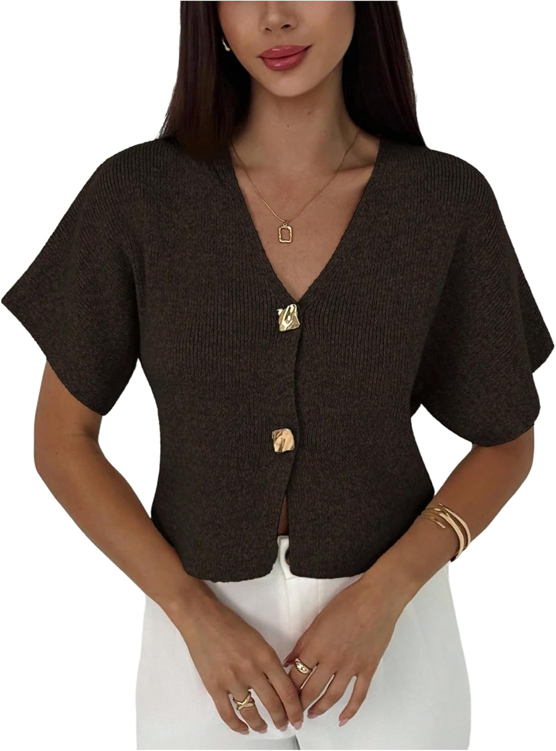 SOLY HUX Women's Short Sleeve Office Spring Winter Cardigan Sweater Button Down V Neck Slim Fit Elegant Knit Tops