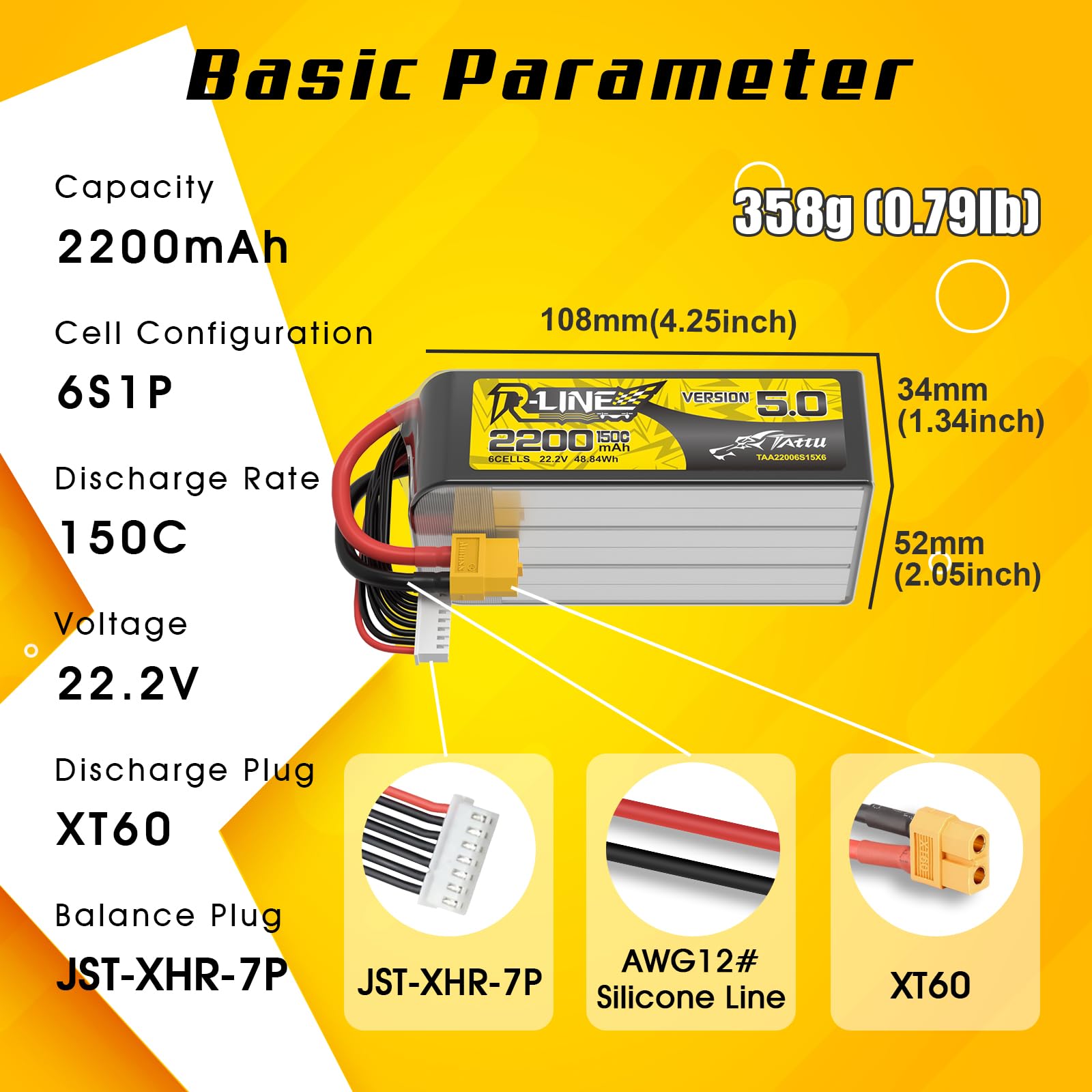 Akumulator TATTU 6S 22,2V 2200mAh 150C LiPo R-Line Wersja 5.0 z wtyką XT60U-F, profesjonalny akumulator wyścigowy do FPV dronów i 7-calowych wyścigówek