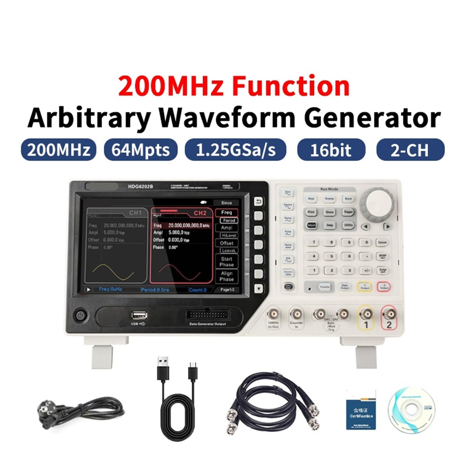 HDG6202B Generatore di Forme d'onda arbitrarie a 2 canali Generatore di segnali di Funzione DDS 200mh/z 1,25Gsa64M 16bit