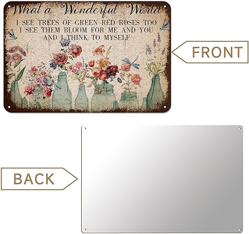 Miniatura 5 de Letreros de metal vintage con texto en inglés What a Wonderful World, arte de pared para cocina, flores de lavanda, letrero de jardín, regalo