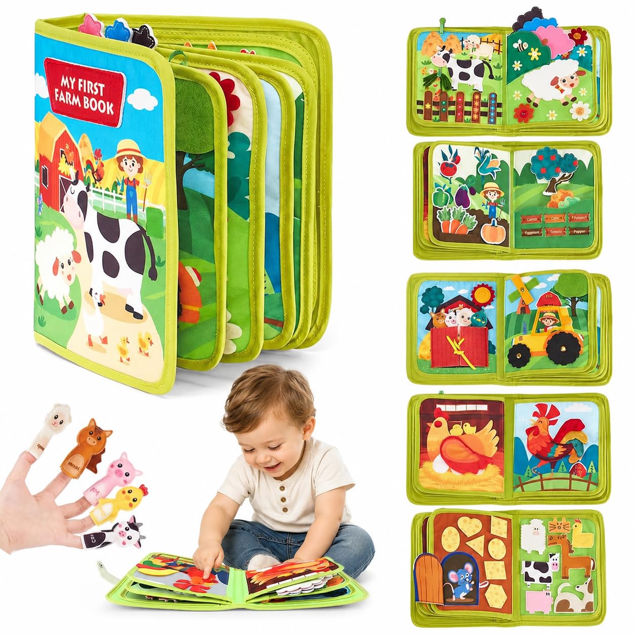 montessori busy board for toddlers portable soft activity book with buckles zippers laces buttons clock shapes colours numbers alphabet and carry handles fine motor learning toy for kids, green
