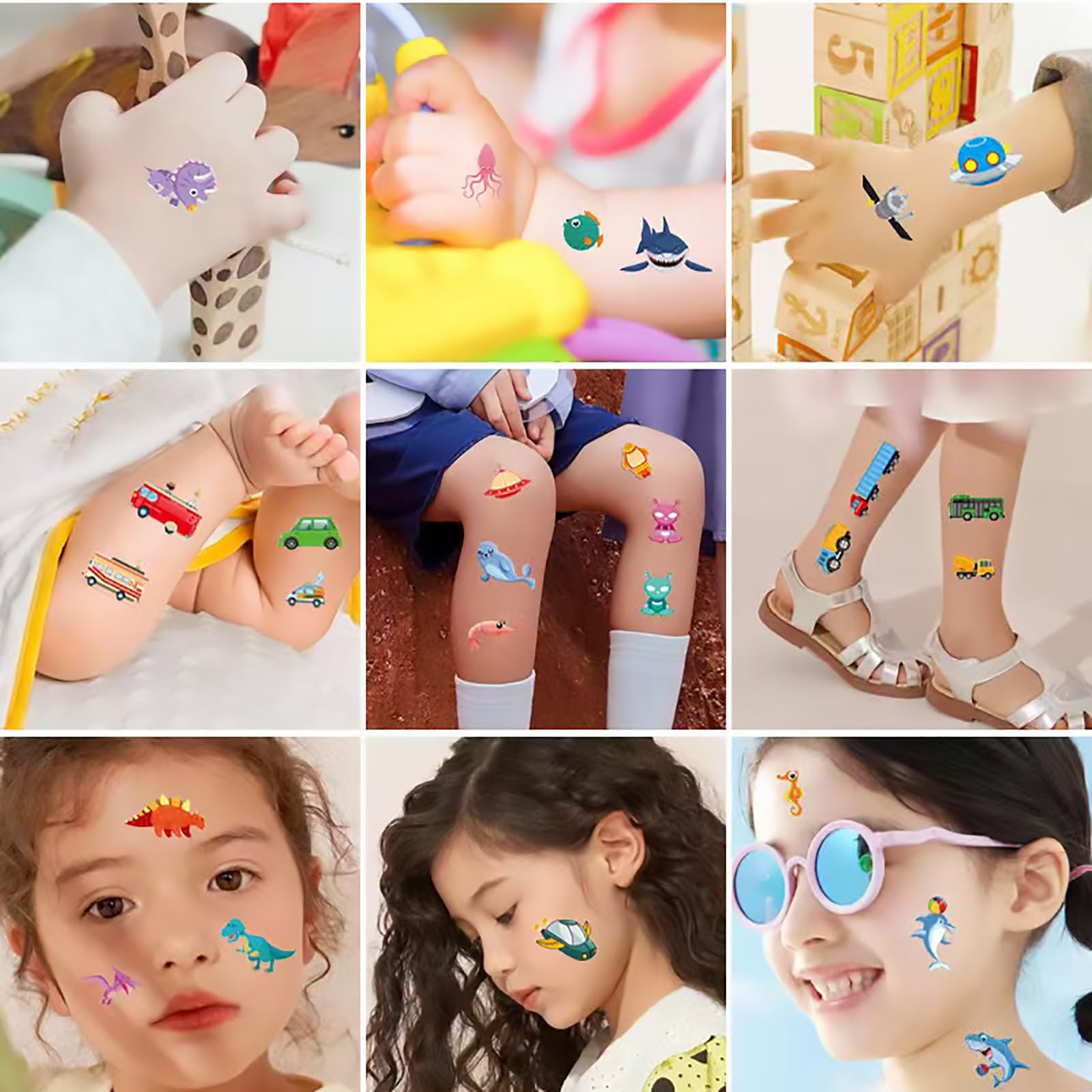 Tatuaggi Temporanei Per Bambini – 10 Fogli Assortiti: Auto, Dinosauri, Farfalle, Animali