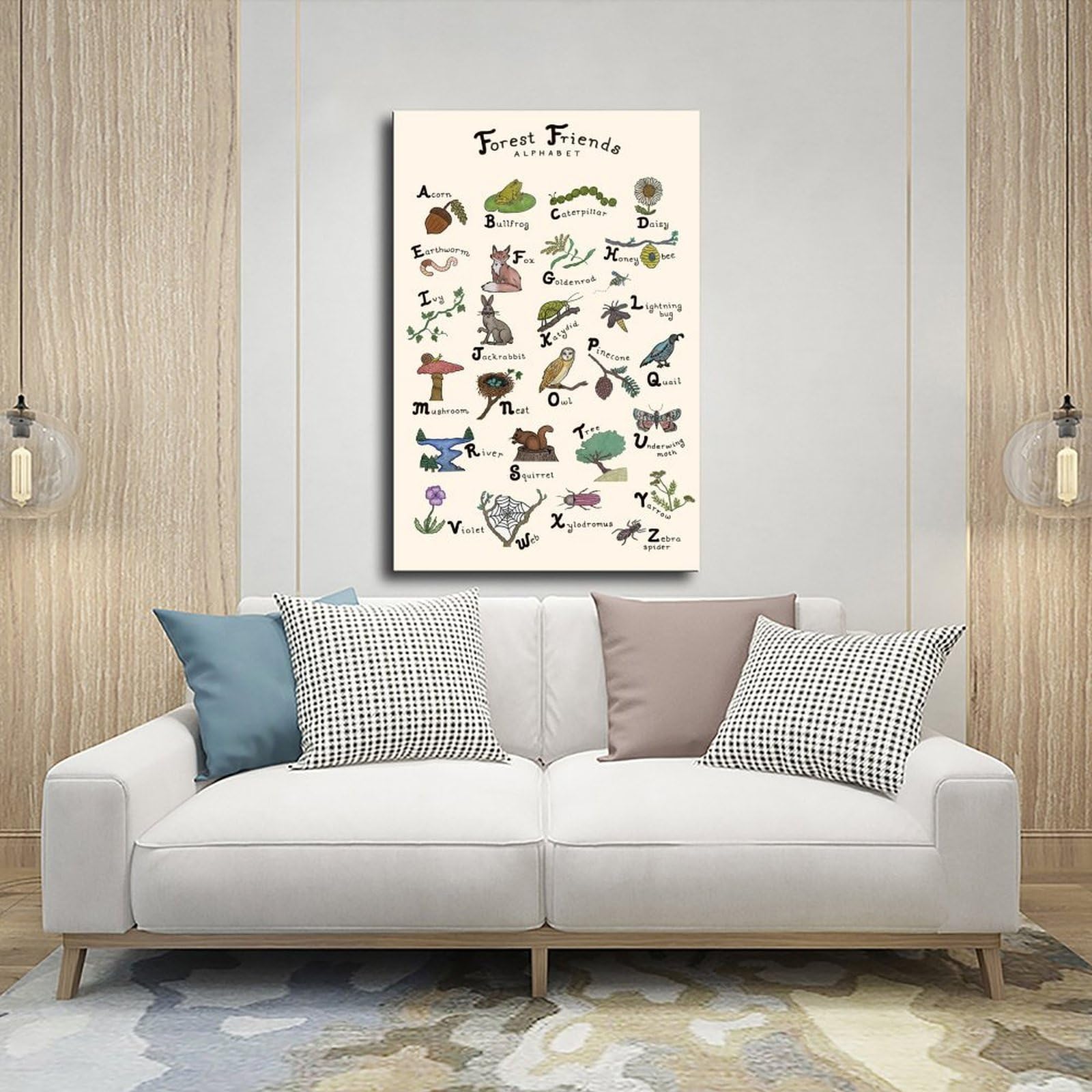 Lettres de l'alphabet de la forêt, animaux de la forêt, décoration éducative pour enfants, poster sur toile, décoration murale pour salon, chambre à coucher, 61 x 91,4 cm (L x l)