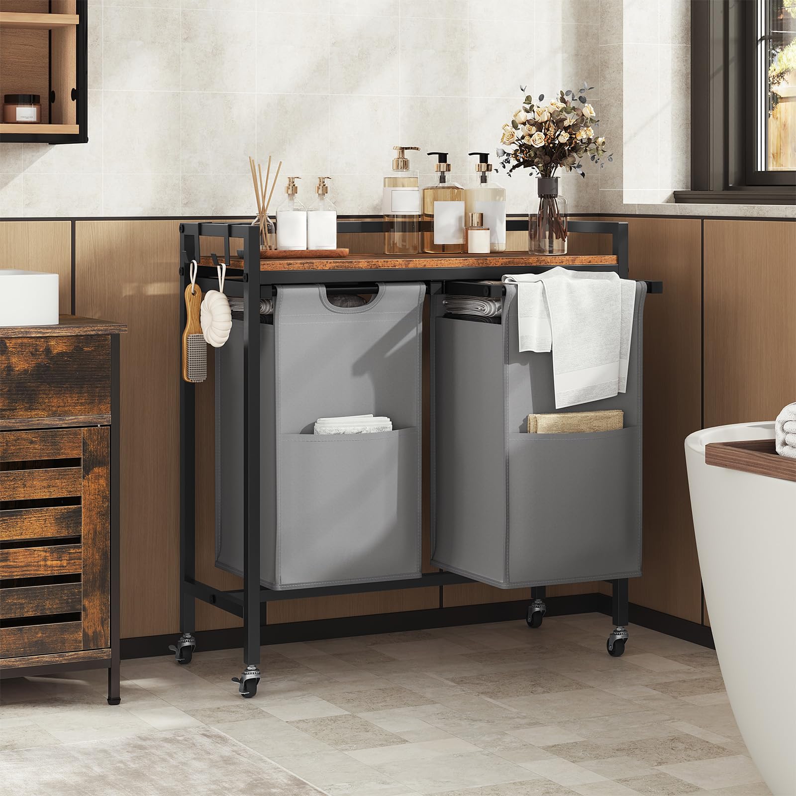 EUGAD Panier à linge à 2 compartiments, panier à linge extensible et amovible, en tissu Oxford
