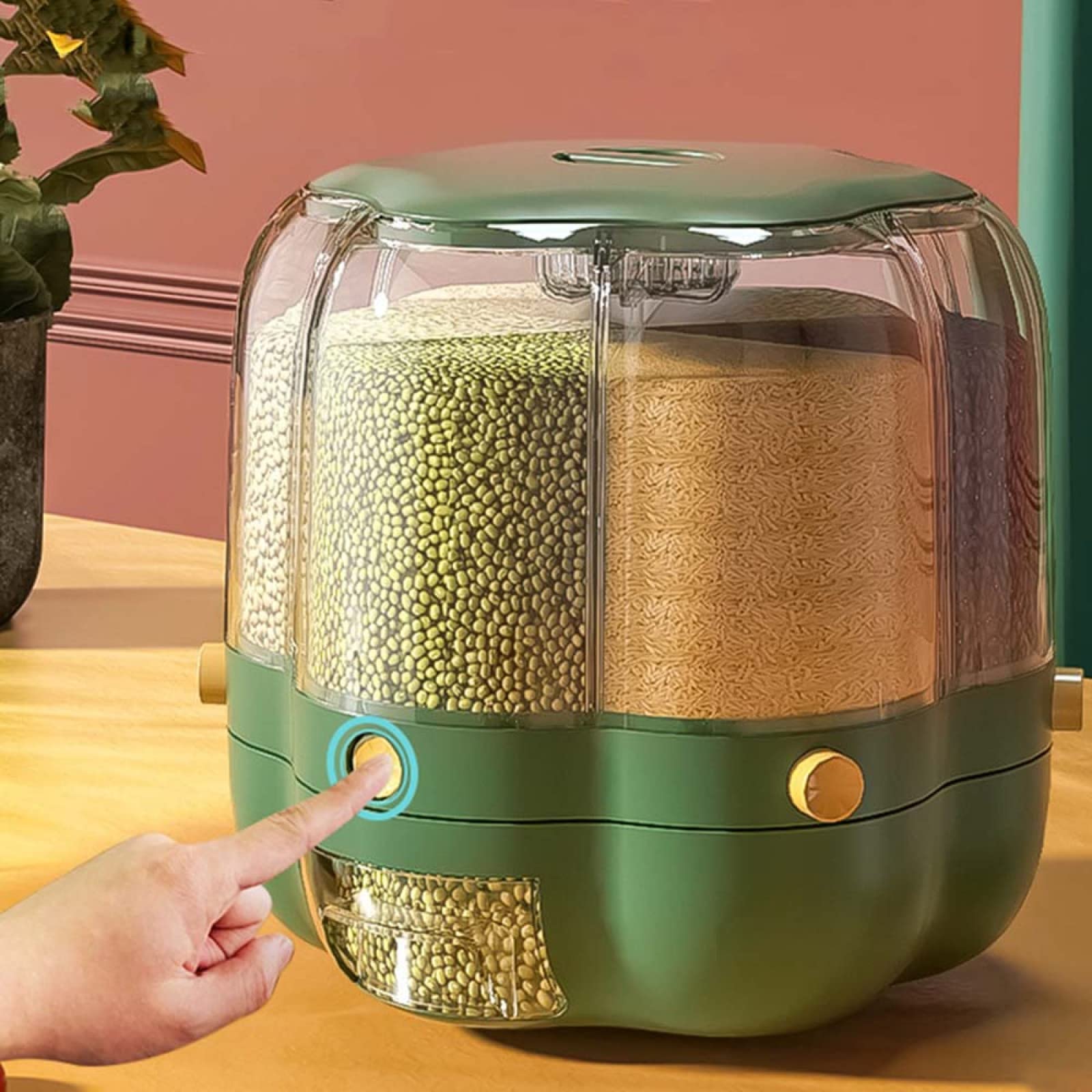 Dispenser per cereali rotante a 6 griglie Dispenser per cereali rotante a 360 Dispenser per cereali sigillati Secchio separato Contenitore per alimenti secco rotondo per riso, Verde
