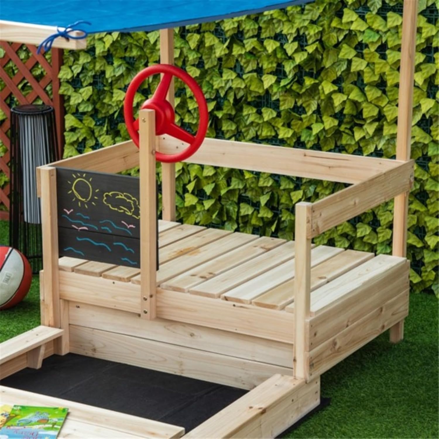 Sandbox in The Shape of A Boat, Sandbox for Children, Flag, Rudder, Blackboard and 2 Side Seats, Shade, Foldable Design, Smooth Surface, Suitable for Children Aged 3 to 8, Natural and Blue Colors