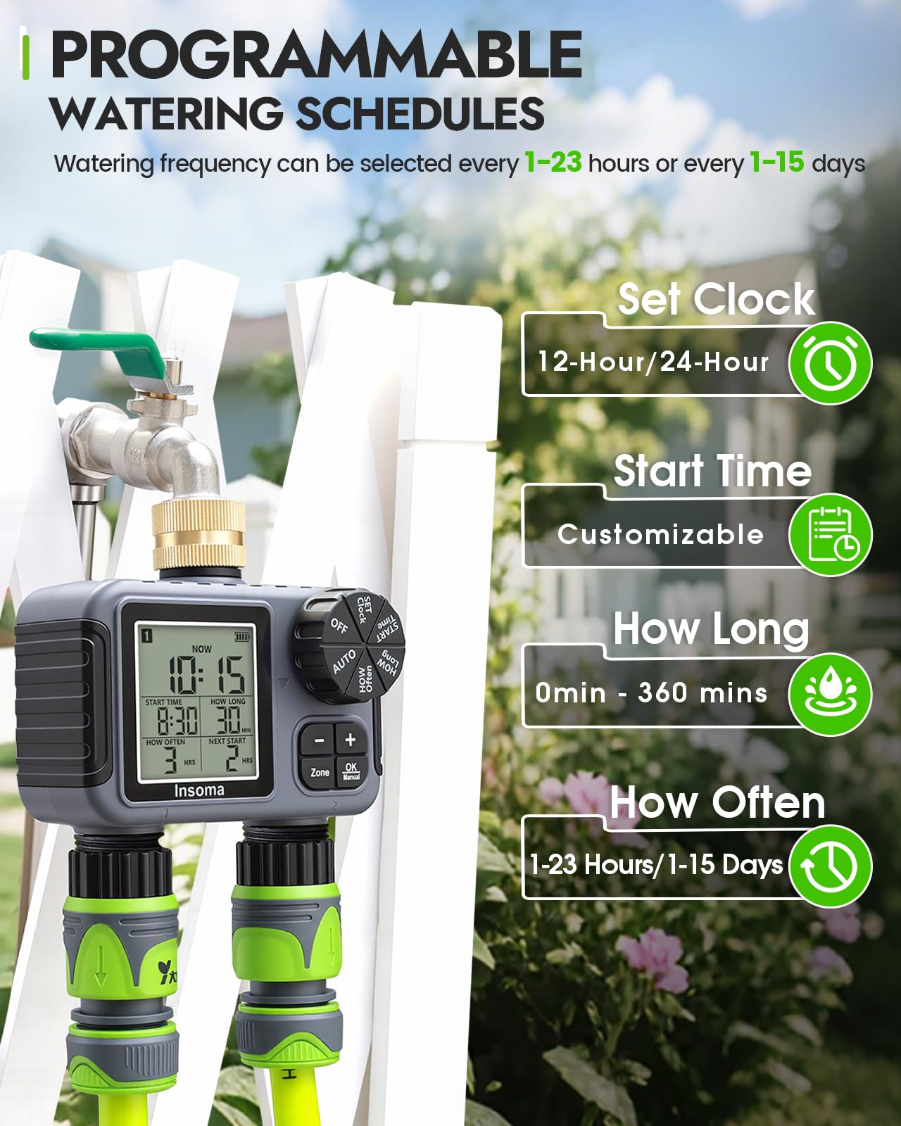 Insoma Timer irrigatore a 2 zone con ingresso in ottone, timer per tubo dell'acqua con modalità auto/manuale + ritardo pioggia, grande display LCD, per giardino, cortile, prato, impermeabile IPX5 e