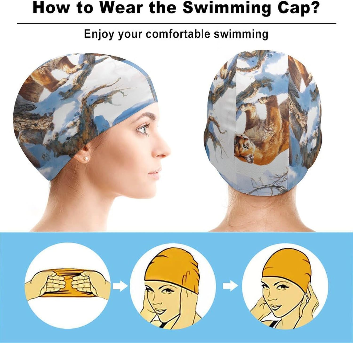 Mountains Snowy Lions Trees Branches Womens Swim Cap for Men Adult Swimming Hat Curly Short Medium Long Hair