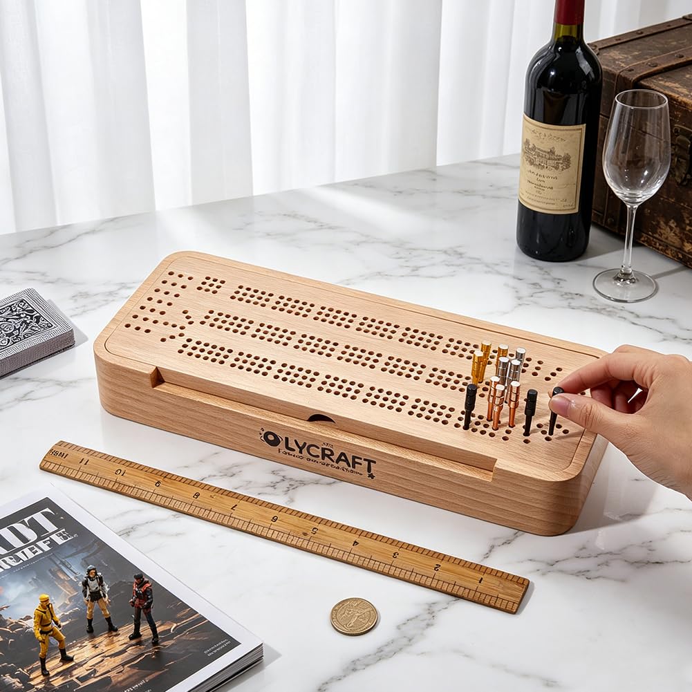 OLYCRAFT Set Da Gioco Cribbage Scatola con Tabellone In Legno di Faggio Scatola con Tabellone e 3 pista per Viaggi e Serate In Famiglia Set Portatile con 2 scomparti per Riporre I Pezzi per I Viaggi