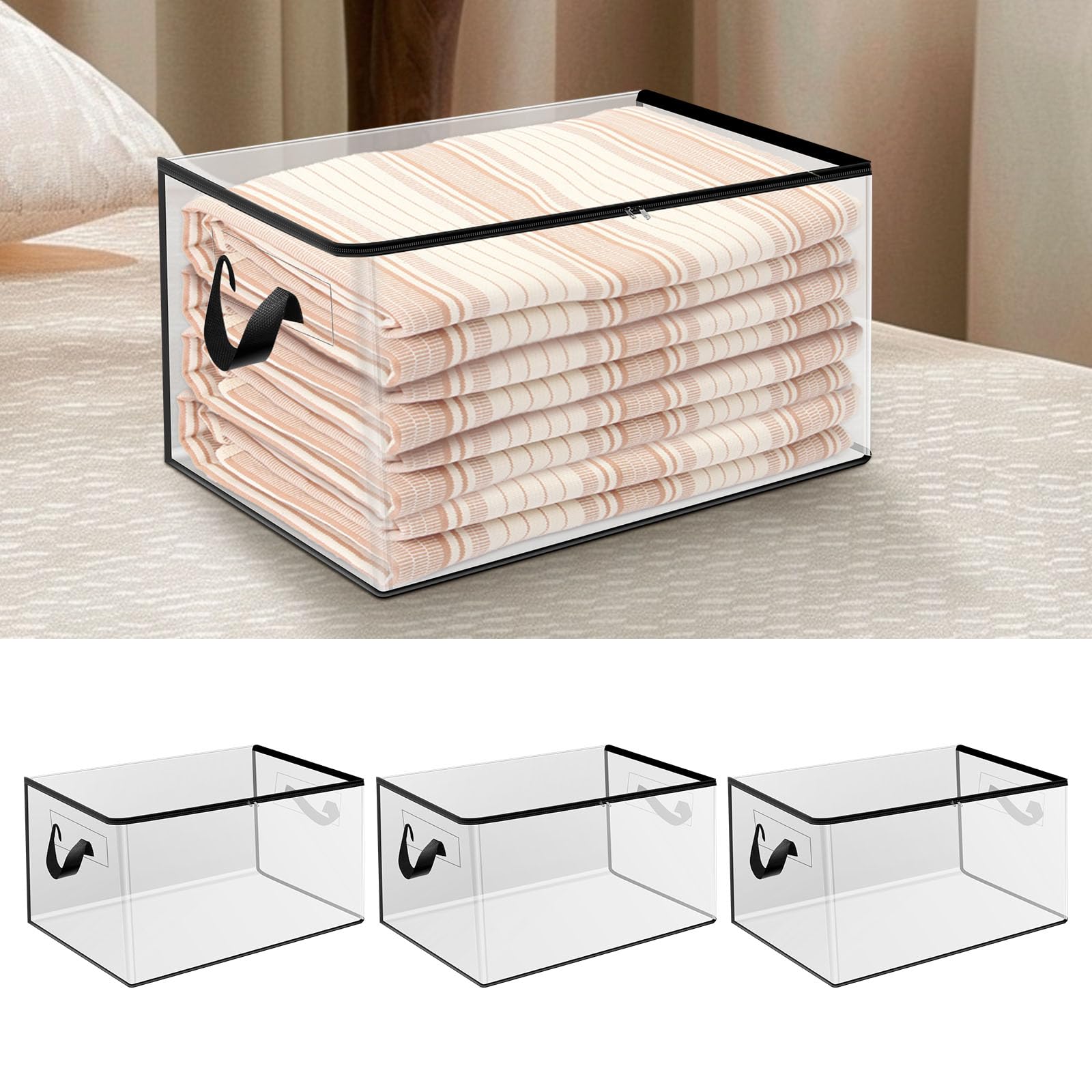 shaojian 3 Pcs Clothes Storage Bags with Handles and Zipper Clear Blanket Duvet Storage Bag 60L Bedding Storage Box Waterproof Foldable Closet Organizer for Bedding Duvet Pillow Toys
