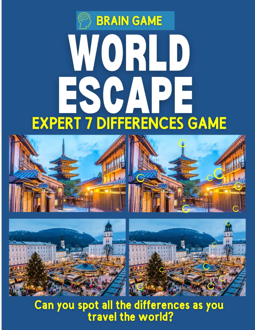 World Escape: Explore the world with our Expert-Level Spot the Difference Game Book, and enjoy an immersive brain workout through extraordinary locations.
