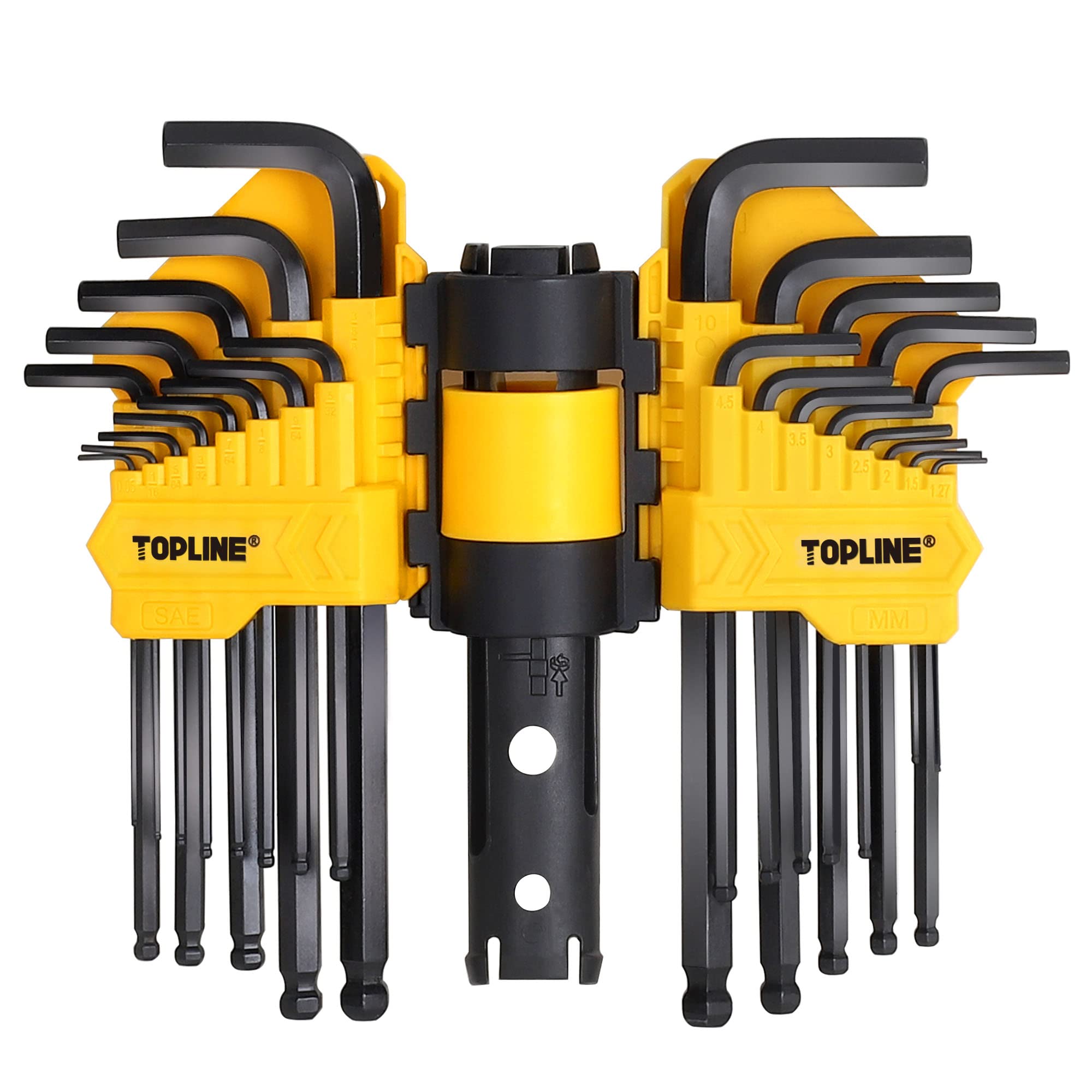Topline 27-Piece Long Arm Allen Wrench Set with Ball End, SAE, Metric Hex Key Set Included, Hex L-Key Set, Portable Allen Key Set With Storage Rack for Basic Home Repair and General Applications