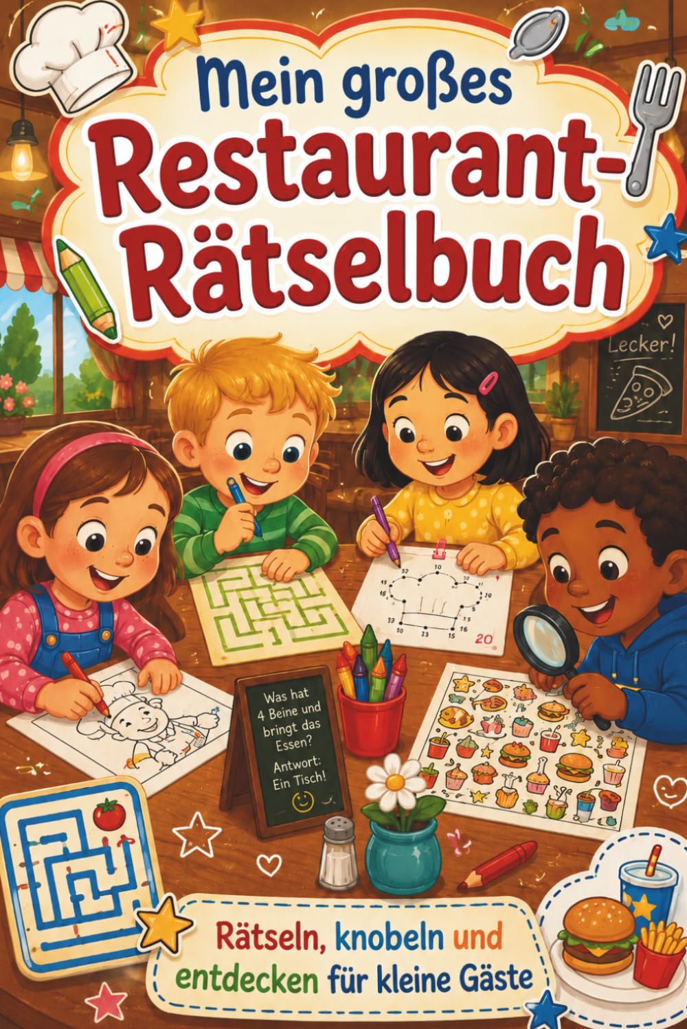 Mein großes Restaurant-Rätselbuch – Beschäftigung für Kinder im Restaurant mit Rätseln, Spielen & Sodokus
