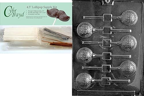 Cybrtrayd Molde de caramelo de chocolate para pelotas de golf, incluye 50 palitos de paleta, 50 bolsas de violonchelo, 25 lazos dorados y 25