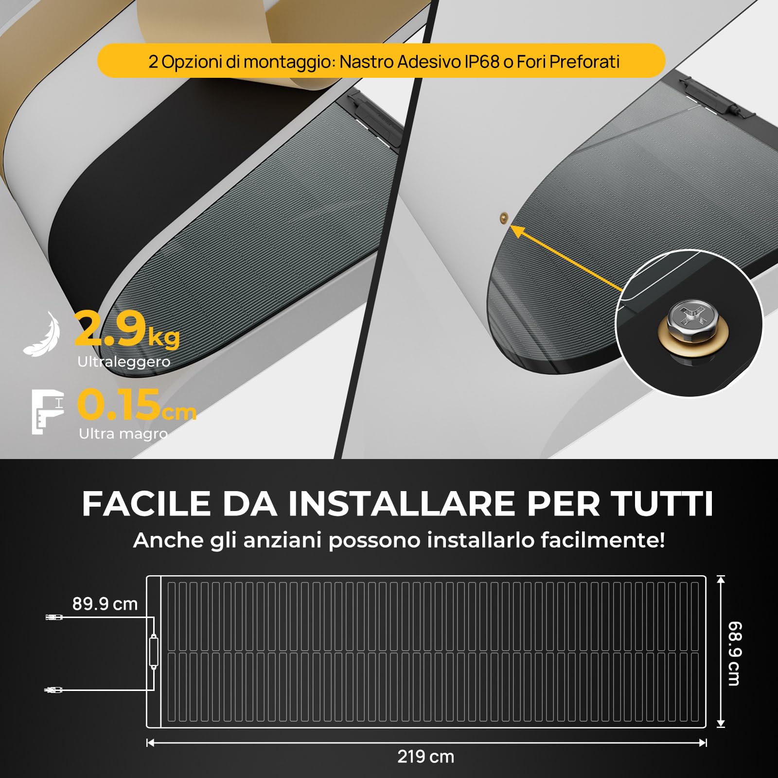 BougeRV Pannello Solare Flessibile 200W 24V, Pannello Solare Portatile CIGS Modulo Fotovoltaico ETFE IP68 per Camper, Balcone, Roulotte, Barca e Batteria di Ricarica da 24V Off-Grid, Preforato