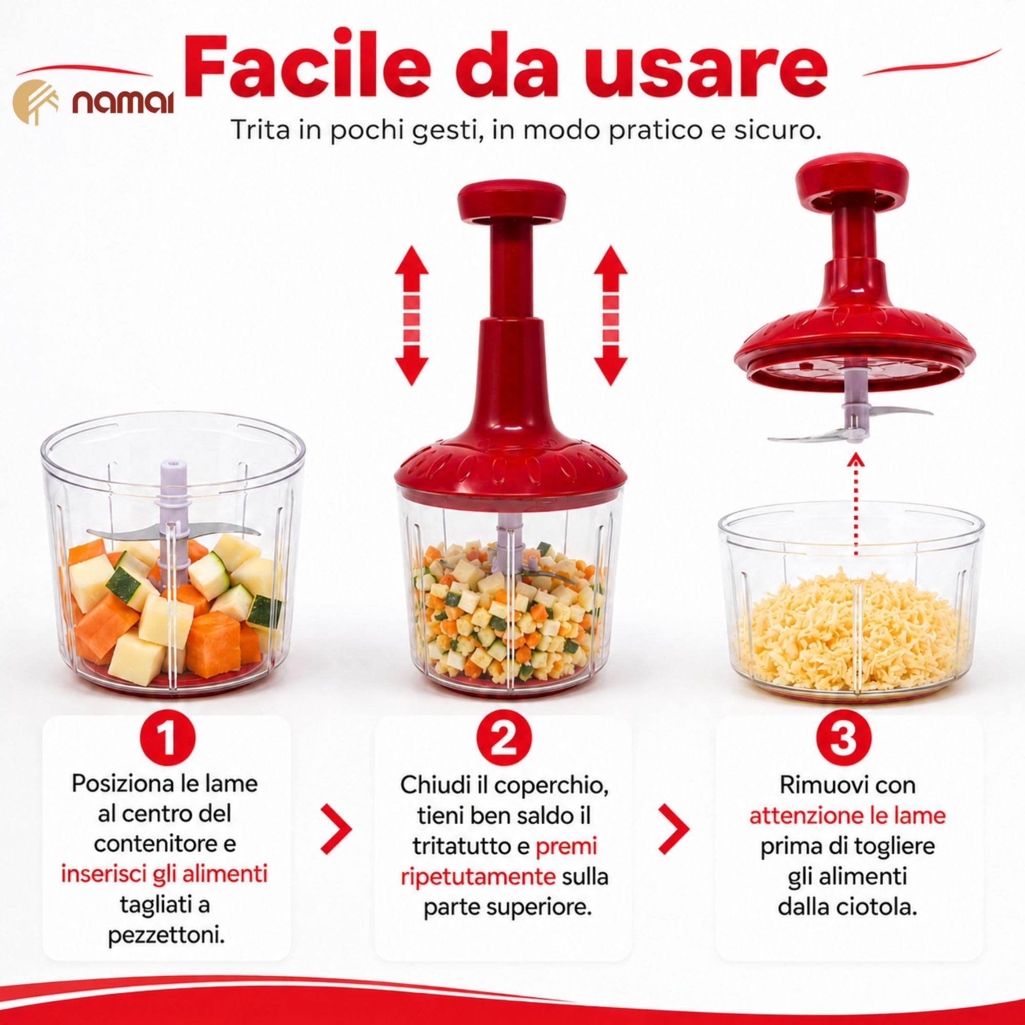 NAMAI - Tritatutto Manuale 5 Lame, 2 Contenitori, Mixer, Utile e Pratico | Lavabile In Lavastoviglie, Sicuro, Facile Da Usare, Ecologico