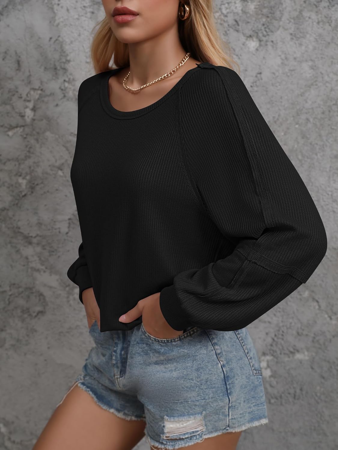 Womens Waffle Tunic Tops Puff Long Sleeve Shirt Loose Fit Casual Pullover Sweatshirt - Image 5