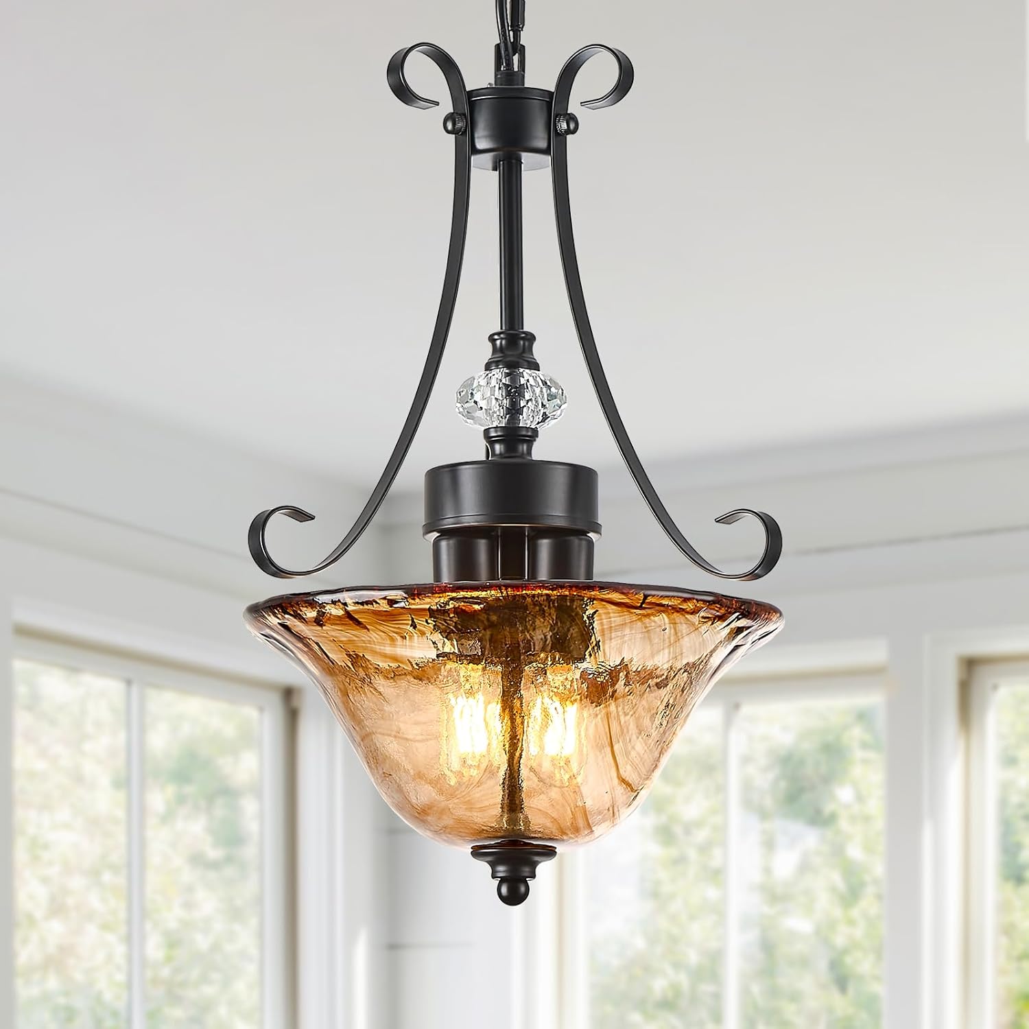 3-Light Chandelier, Black Farmhouse Pendant Light Fixture with Amber Glass,Adjustable Ceiling Hanging Lighting Brightens to Kitchen Island,Dining Room,Hallway,Entryway