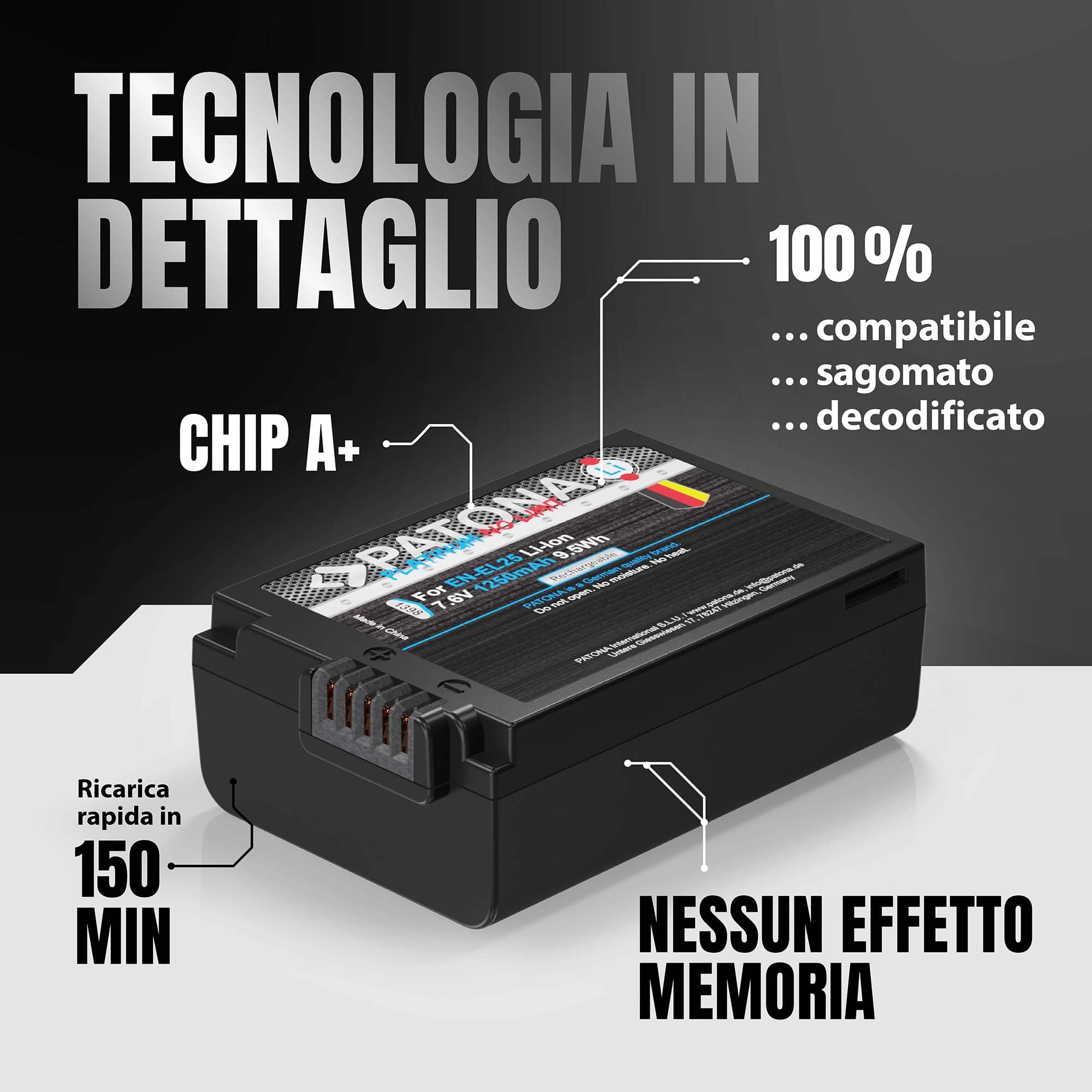 PATONA USB-C Platinum Batteria per Nikon EN-EL25, EN-EL25a 1250mAh | Batteria per Z30 Z50 II Z50II Z FC ZFC, 100% identica all'originale, con protezione da sovraccarica e cortocircuito