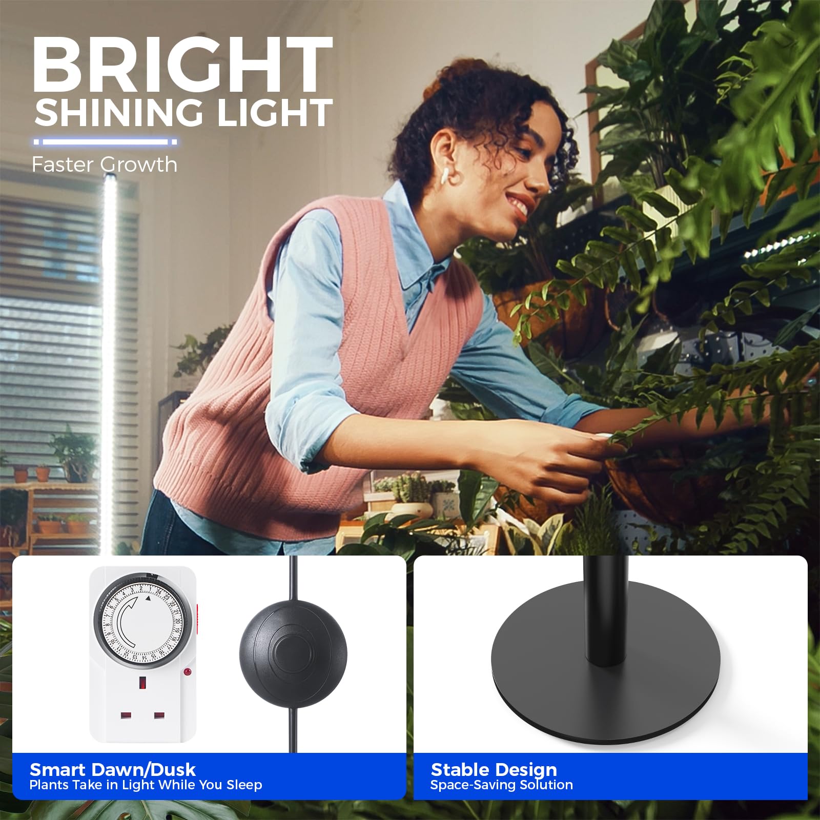 Barrina Lampe de croissance verticale T10 Pro 42 W, 5000 K, spectre complet pour plantes d'intérieur, couverture large, 115-165 cm, minuteur, interrupteur à pied