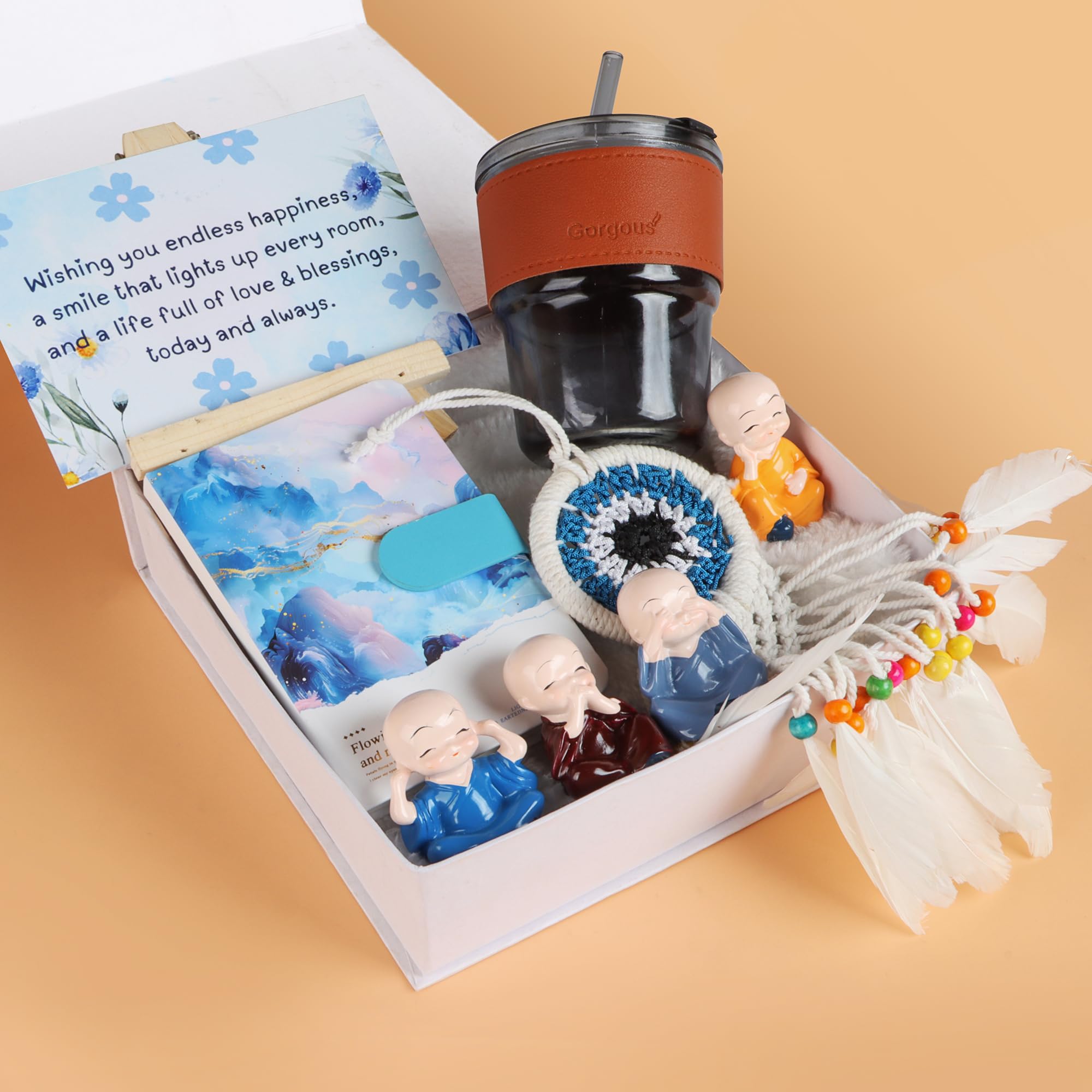 The Loony Gift Box Set for Women/Sister/Wife – Buddha Monk Figurines, Travel Tumbler with Lid, Dreamcatcher, Notebook & Greeting Card – Birthday, Friendship, Spiritual & Home Decor Gift-image-22