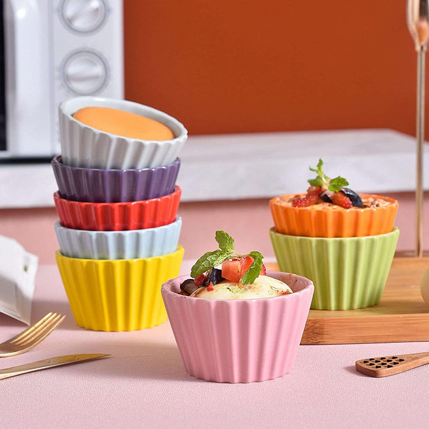 Bol à soupe, bol à riz, bol à déjeuner, ensemble de ramequins, 170 ml, ramequins à crème brûlée, plats à soufflé allant au four, ramequins à soufflé, ramequins for friteuse à air-rouge-lot de 8 ( Colo