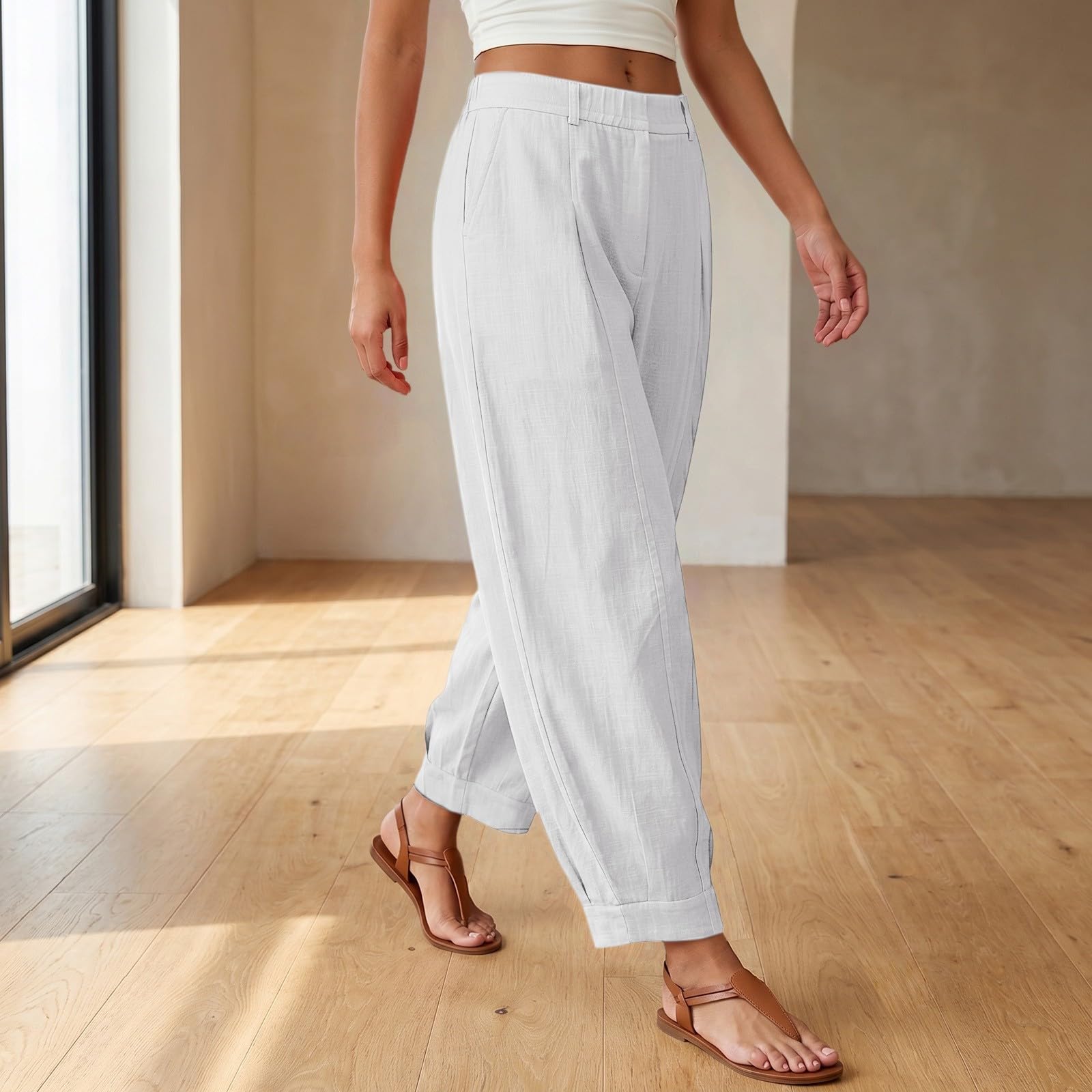 Leichte Hosen Damen Sommer Lang Hoher Breiter Elastikbund Sommerhose Palazzo Einfarbig Ballonhosen Leinenhose Luftiger Stoff Stoffhose Freizeithose Seitentaschen Für Outdoor Und Urlaub