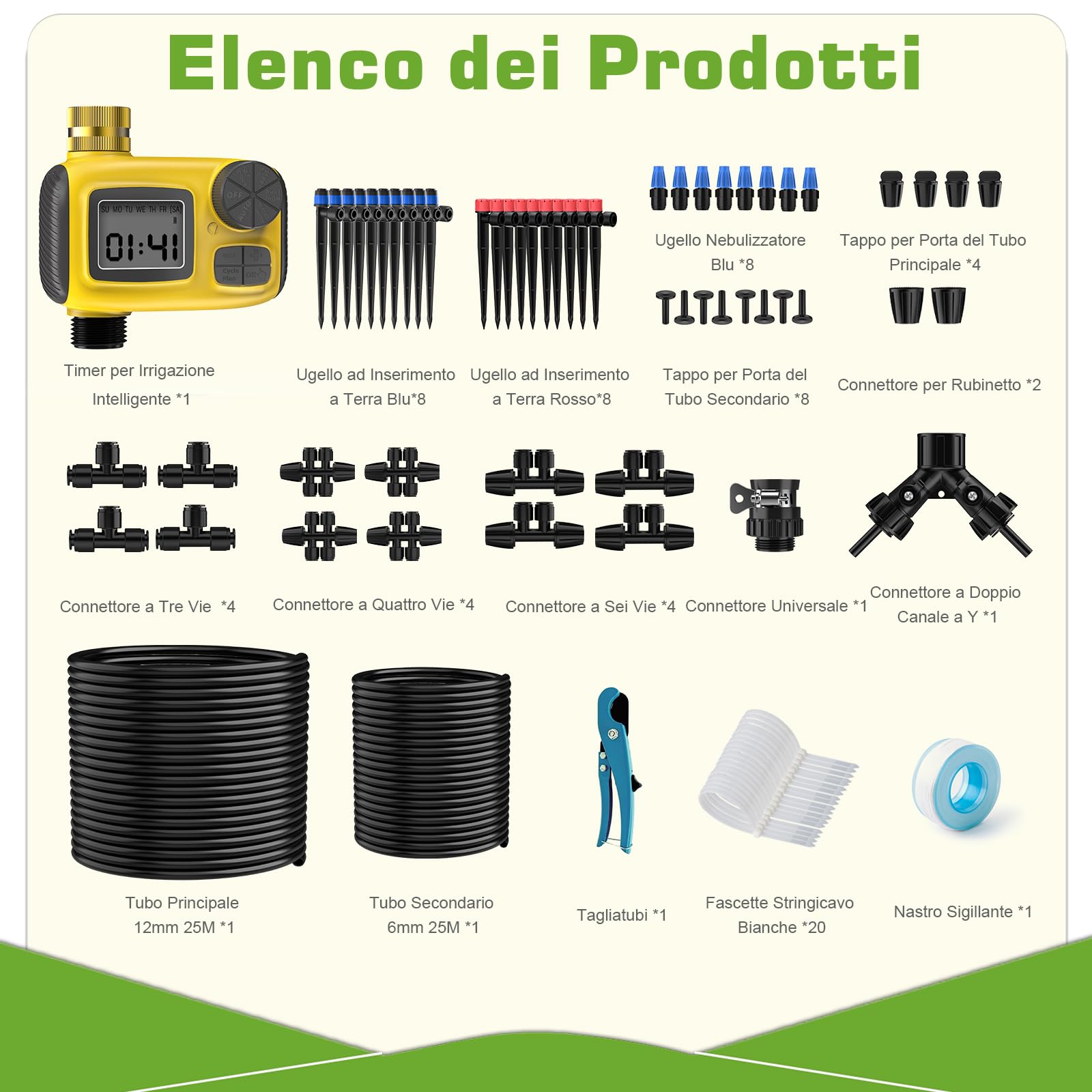 Kit di Irrigazione a Goccia con Timer Irrigazione, Sistema di Irrigazione Automatica Programmabile 25m Tubo Irrigazione a Goccia, Kit Irrigazione Giardino Completo per Giardino e Orto