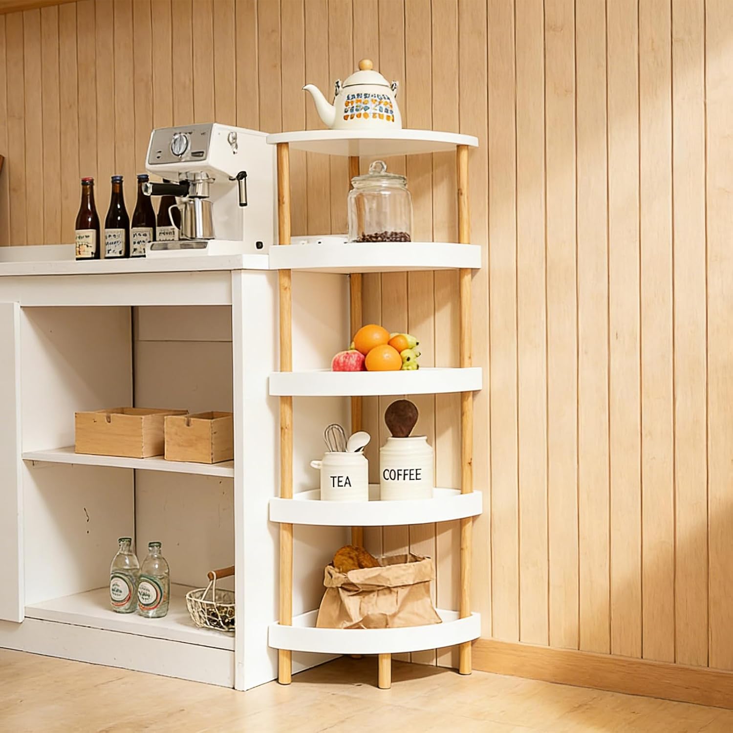 Bamboo 5-Tier Corner Shelf Stand with 5-Layer Lacquer & 4 Sturdy Legs, Space-Saving Durable Corner Rack Organizer for Bathroom, Kitchen, Bedroom, Living Room, Easy Clean Display Shelf Organizer