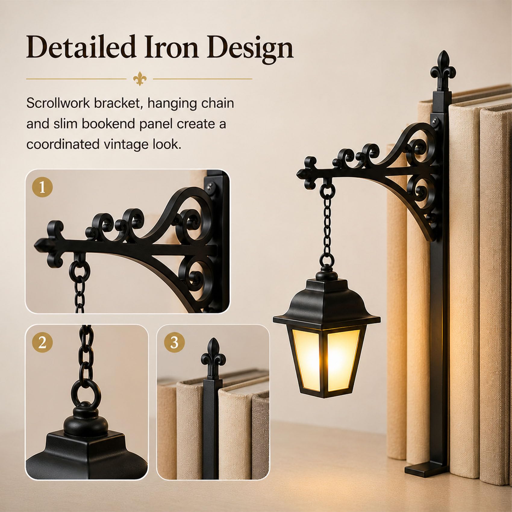 Library Lantern Mini Bookshelf Lamp, Iron Bookend with Warm Light, Decorative Bookshelf Lantern for Home Library, Study and Reading Nook (Lantern Style,3pcs)