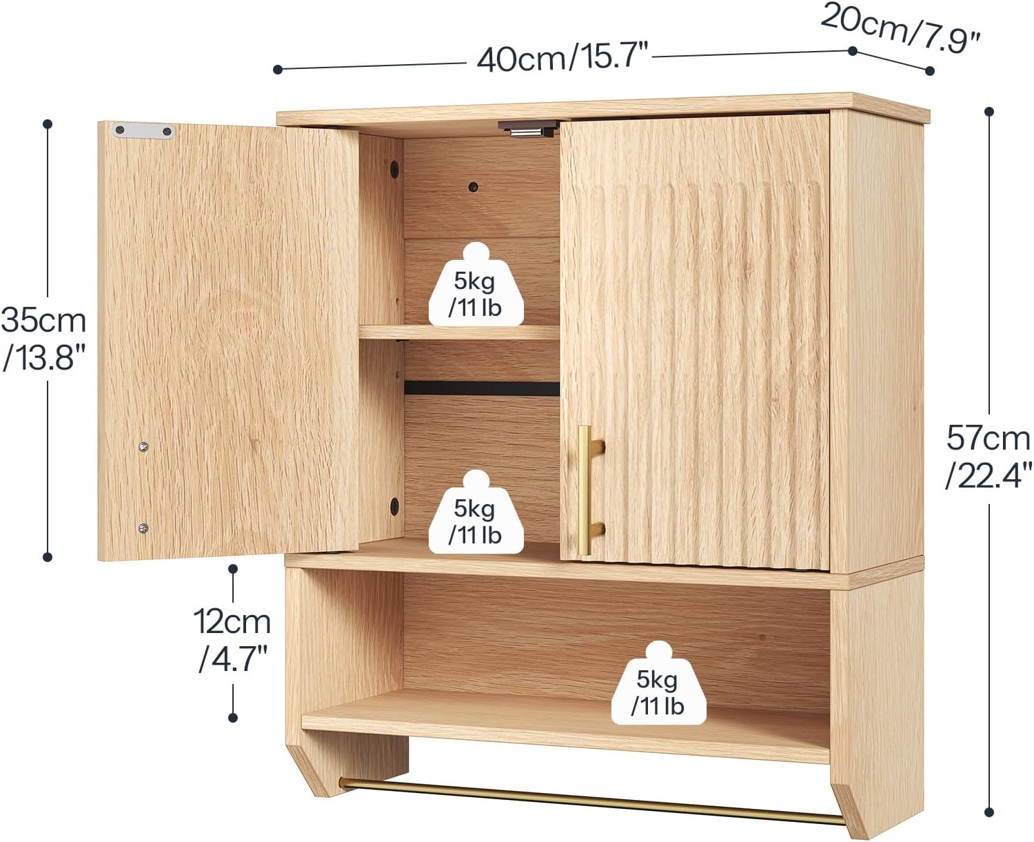 HOOBRO Fluted Bathroom Wall Cabinet, Farmhouse Medicine Cabinet with 2 Fluted Doors, Wall Storage Shelf with Towel Rack, Adjustable Shelf, for Small Spaces, Bathroom, Kitchen, Natural
