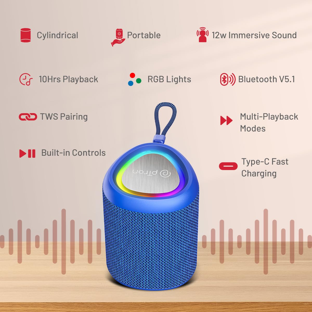 pTron Mini altoparlante Bluetooth Fusion Mount con suono coinvolgente da 12 W, 10 ore di riproduzione, luci RGB, modalità di riproduzione multipla-BT5.1/scheda TF/porta AUX, funzione TWS e ricarica di