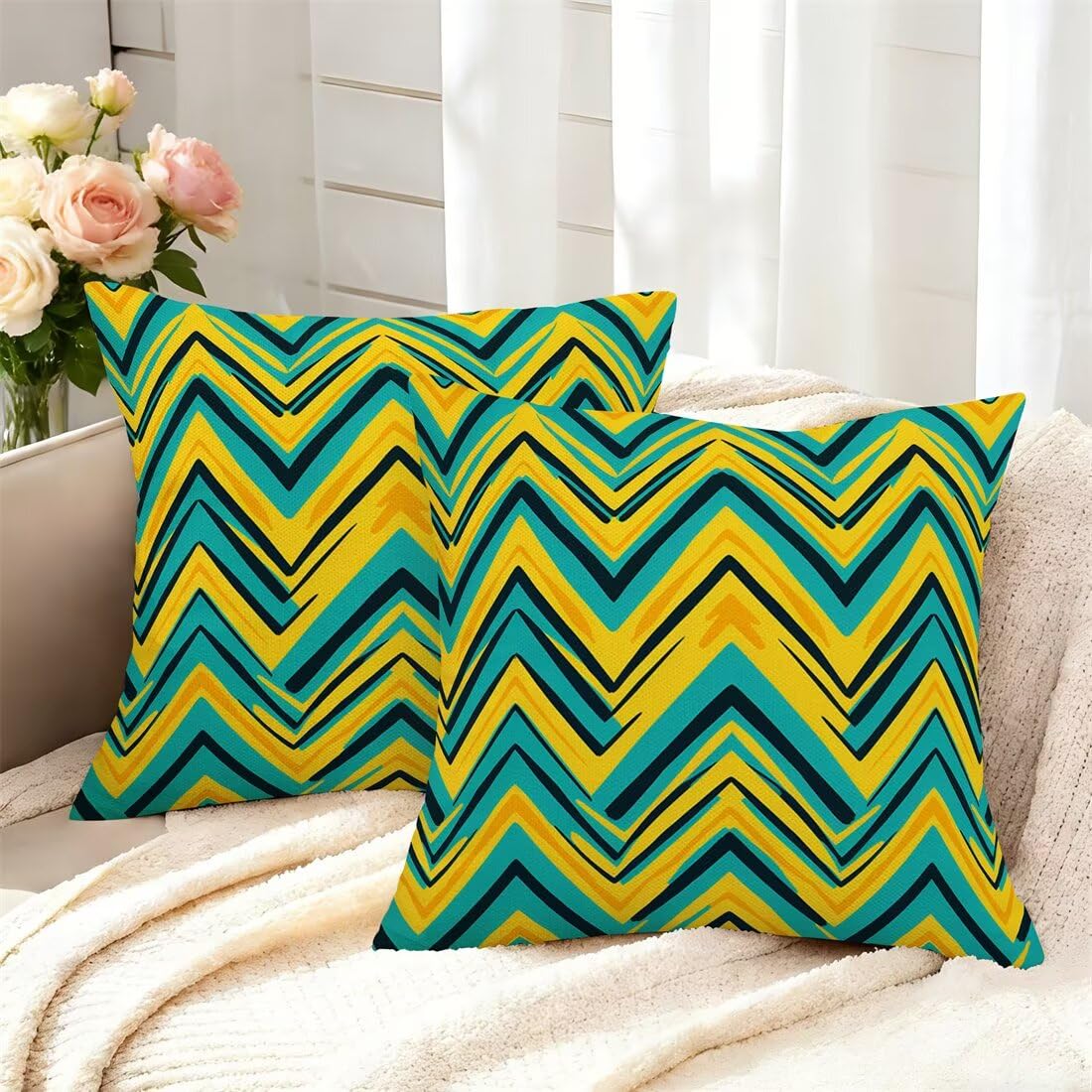 Wangllpgy Yellow Blue Cushion Covers 45Cm X 45Cm Set Of 2 Throw Pillow Covers Wavy Pillow Cases Autumn Sofa Cushions Decorative Pillows With Invisible Zipper Pillowcases For Bedroom Living Room Garden -Gy472