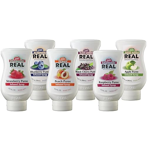 Reàl - Variedad de jarabe aromatizante con infusión de frutas fresa frambuesa melocotón arándano cereza negra manzana crujiente paquete de 6