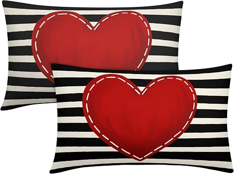 Valentines Day Lumbar Pillow Covers 12X20 Inch Black White Stripes Red Heart Decorative Rectangular Pillow Cases Valentines Day Cotton Linen Throw Pillows Set of 2 Home Decor For Sofa Couch Outdoor