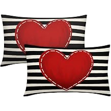 Valentines Day Lumbar Pillow Covers 12X20 Inch Black White Stripes Red Heart Decorative Rectangular Pillow Cases Valentines Day Cotton Linen Throw Pillows Set of 2 Home Decor For Sofa Couch Outdoor