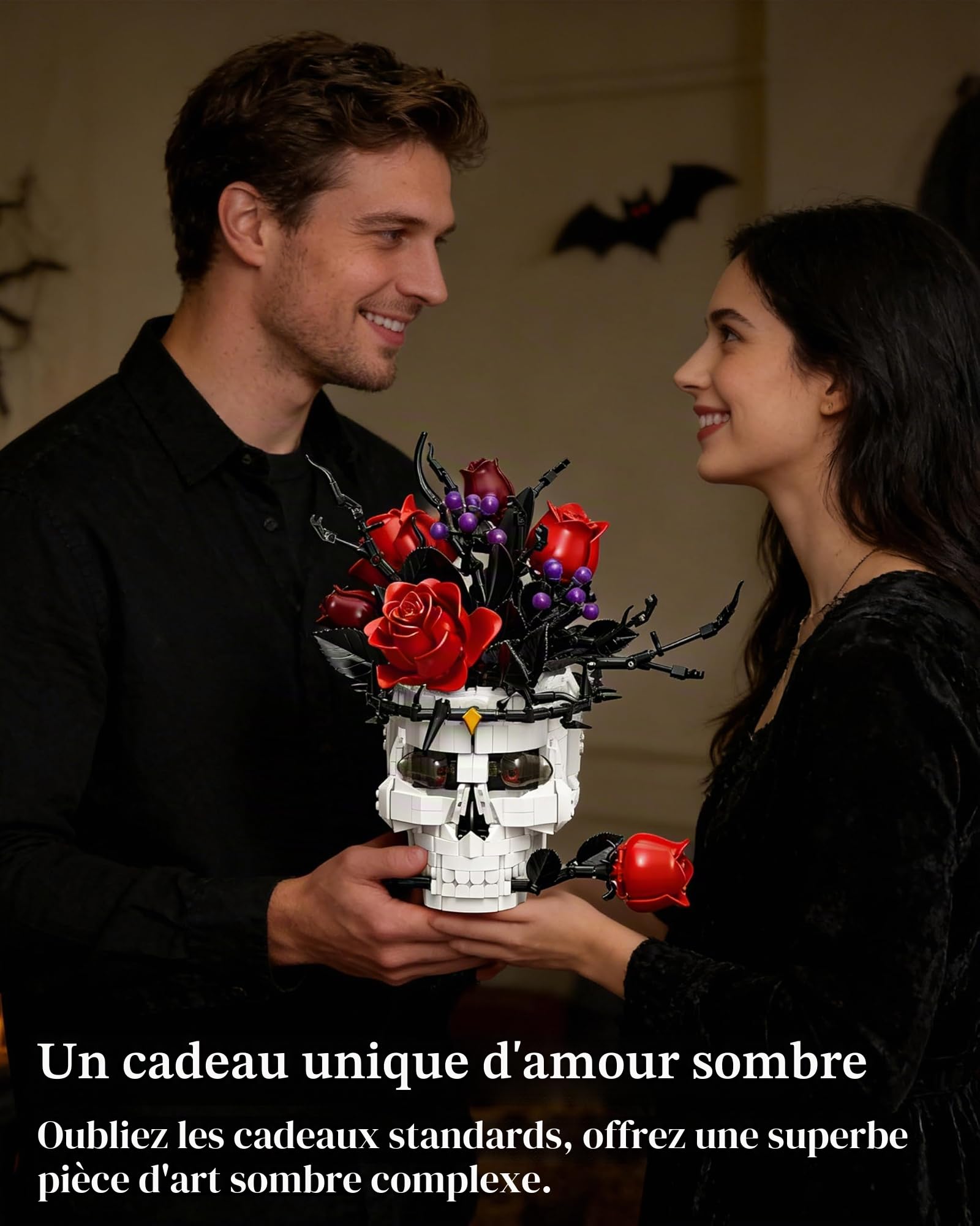Kit de Construction Crâne Gothique avec Rose – Décoration Esthétique pour Adultes, Centre de Table Style Dark Academia, Compatible avec Fleurs Lego & Sets Horreur, Cadeau Halloween & Saint-Valentin