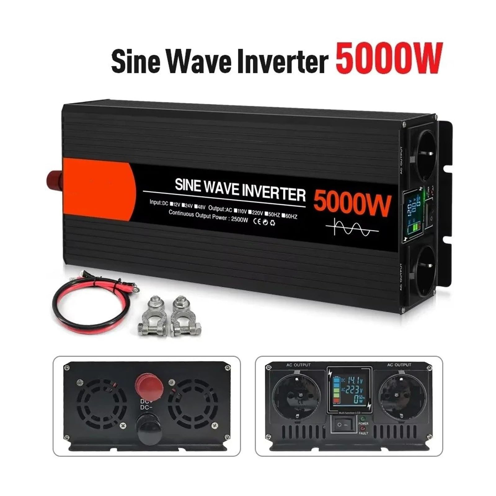Inversor Corriente Coche Inversores Onda Sinusoidal para Pura 4000W 5000W 6000W Doble Enchufe Europeo DC 12V 24V 48V AC 220V Convertidores Voltaje(5000W (Rated 2500W),24V,220V 50Hz)