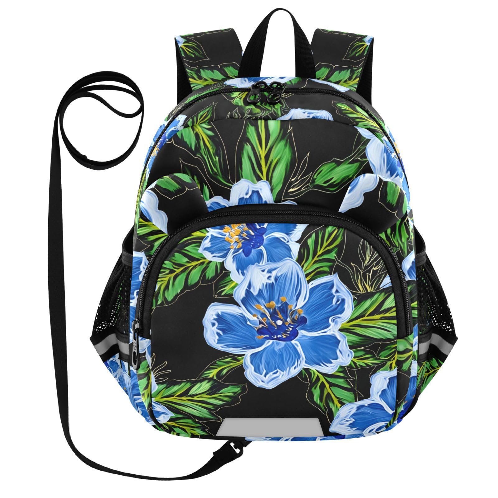 Blue Floral Leaf Toddler Harness Backpack for Boys Girls 3-6 Years Kids Backpack with Anti Lost Safety Leash Baby Harness Bookbag for Preschool Walking Travel