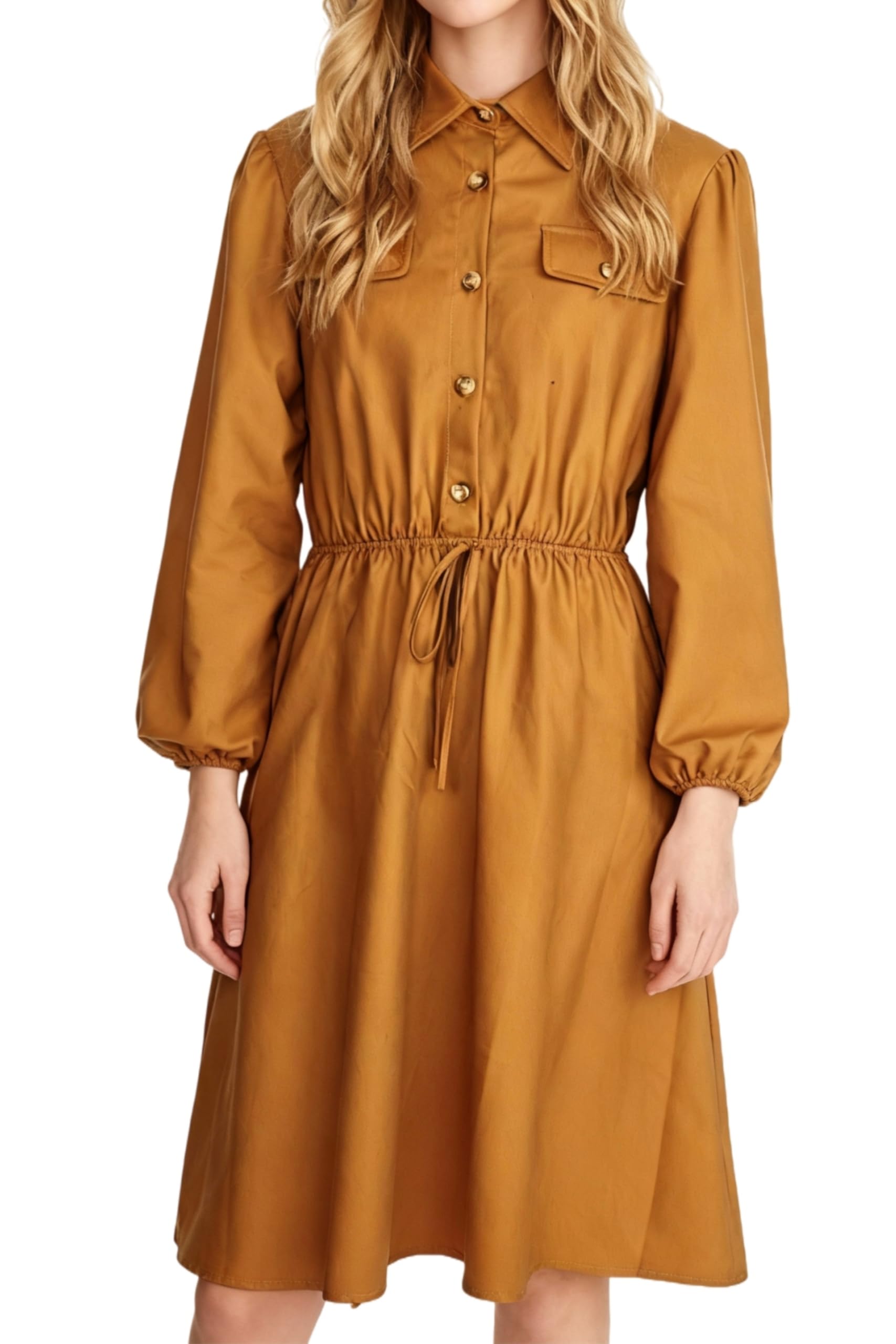 Womens Long Dleeve Empire Waist Dresses with Pockets Wear to Work