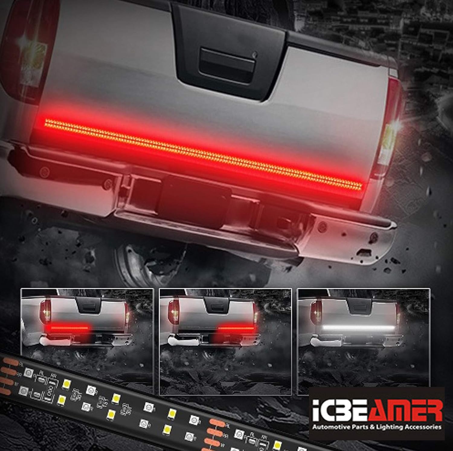 ICBEAMER Double Row 60 inch 504 pcs LED for Pick up/Truck Tailgate Light Bar Side Bed Light Strip Bar IP67 Waterproof Reverse- 5 Functions Tail/Brake/Sequential/Turn Signals/Reverse
