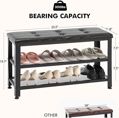 Miniatura 2 de Apicizon Zapatero de 3 niveles, entrada de almacenamiento de 35.5 pulgadas con asiento largo y estantes de metal, banco de vestíbulo para puerta