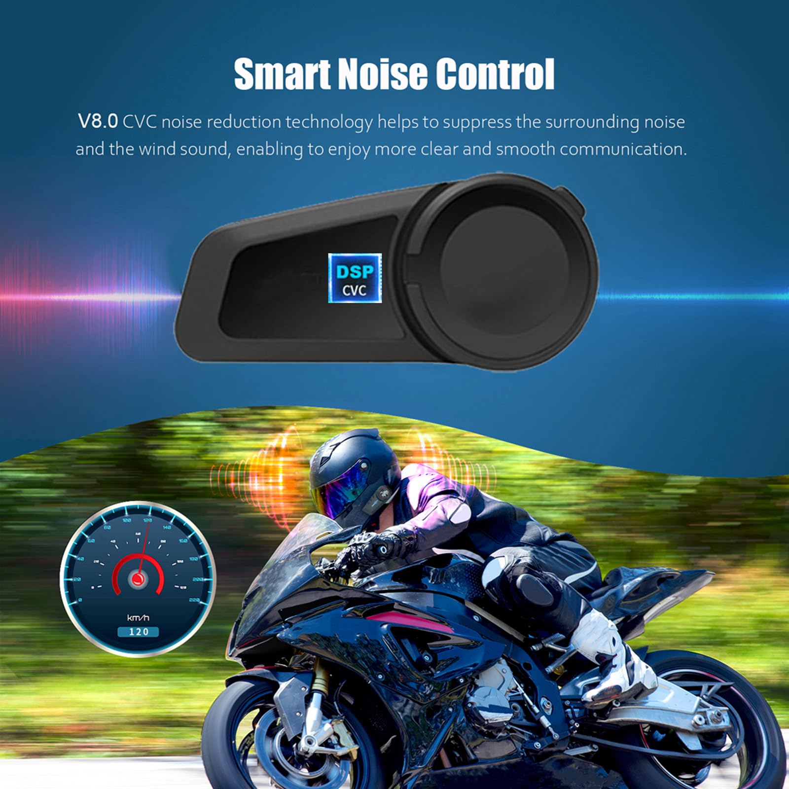 QSPORTPEAK M2 Intercomunicador Casco Moto, Sistemas de Comunicación Bluetooth para Motocicletas para 6 Jinetes/Rango 1000m, Bluetooth 5.1/CVC & ENC Cancelación de Ruido,Compartir música,2 Pieza
