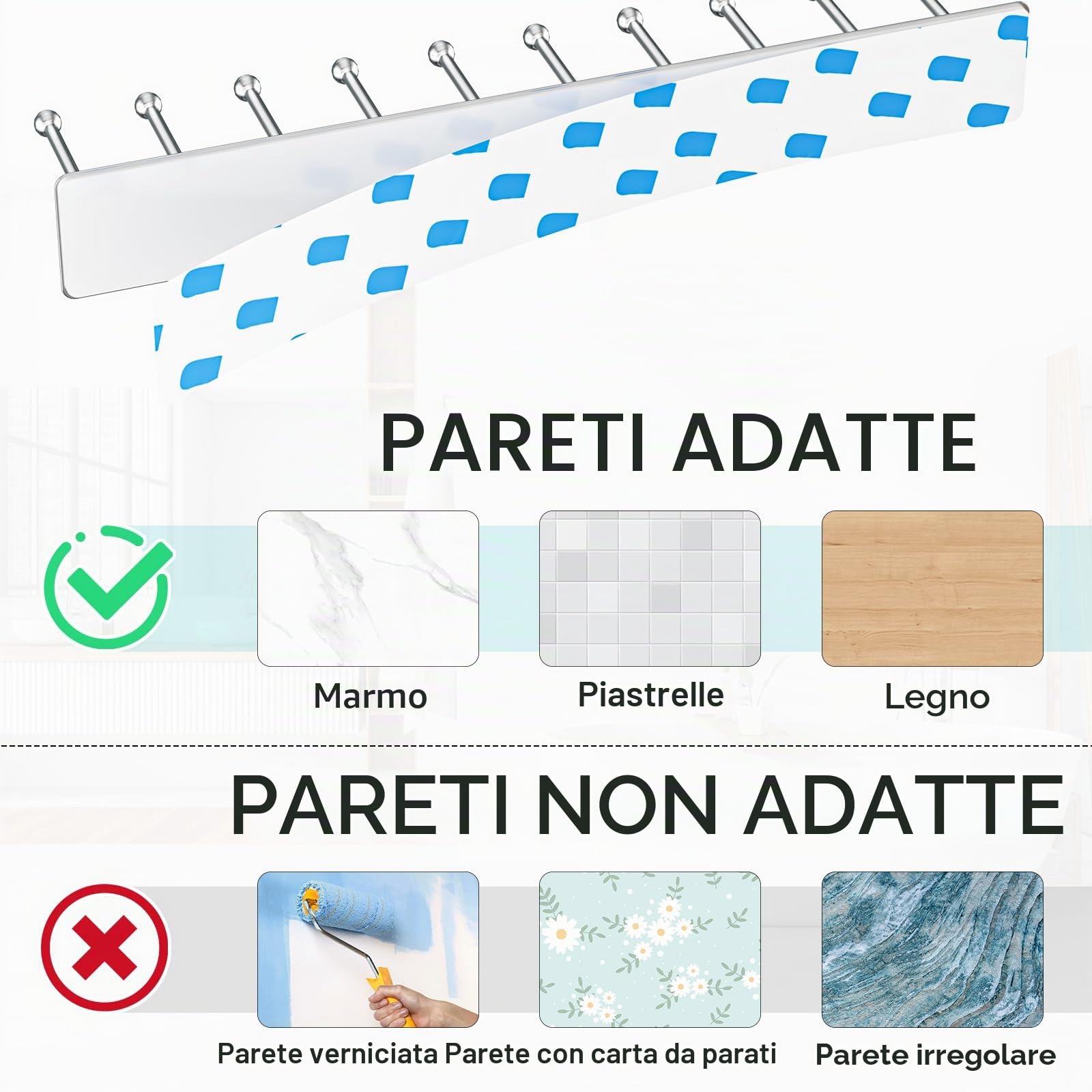 Porta Cravatte, Portacravatte per Armadio in Acciaio Inox, Portacravatte Adesivo per Uomo con 20 Ganci, Portacravatte da Parete per Camera da Letto, Soggiorno, Cassettiera, Argento