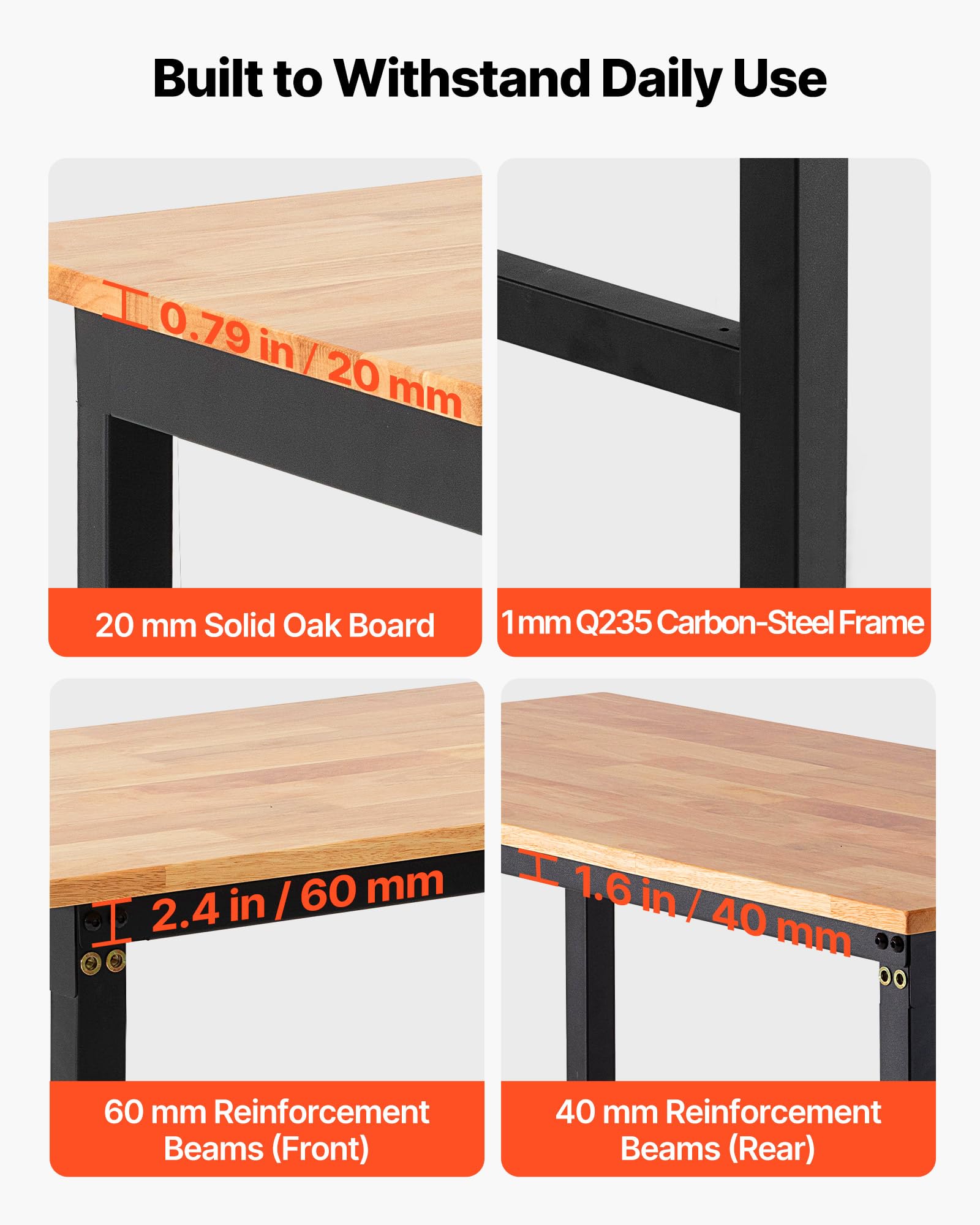 VEVOR Werkbank, 680 kg, Werkstatttisch 122x60 cm große Arbeitsplatte aus Eichenholz, Arbeitstisch mit 67–102 cm Höhenverstellung, Werktisch für Garage, Werkstatt, Zuhause, Büro & Gewerbe