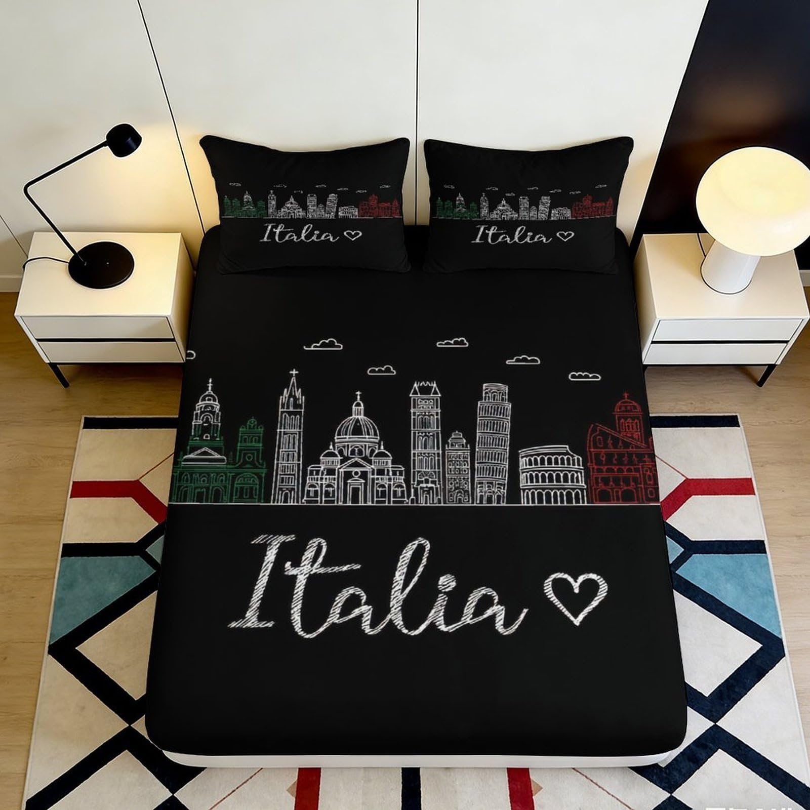 3D Printed Italy Skyline Fitted Sheet Microfiber Black Cityscape Bed Cover for Bedroom Guest Room Decor 90x200x25cm