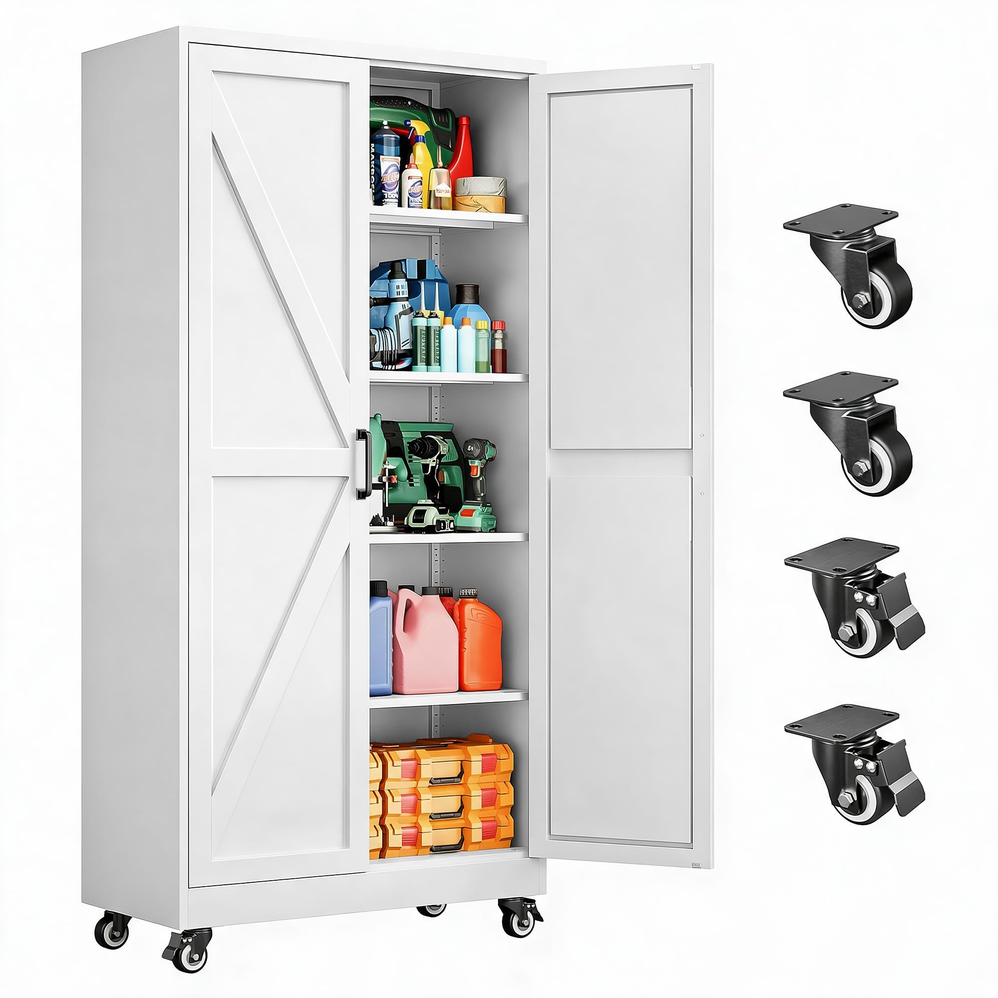 Wide &amp; Deep Metal Storage Cabinet with Wheels,75 inch Tall Rolling Garage Storage Cabinet,Metal Cabinets with Wheels and Shelves, Deep Heavy Duty Tool Cabinet for Garage,Home,Office,Shop (White)