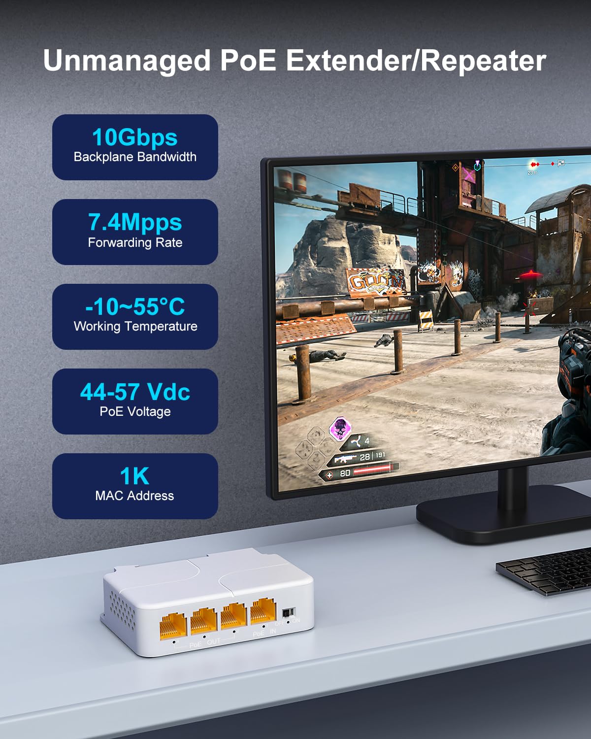 VIMIN Extendeur PoE Gigabit 4 Ports, 1 in 3 Out Répéteur PoE Intérieur Compatible IEEE802.3af/at + 1000 Mbps, Montage Mural et sur Rail DIN, Distance de Transmission de 100 m (328 pi), Plug & Play