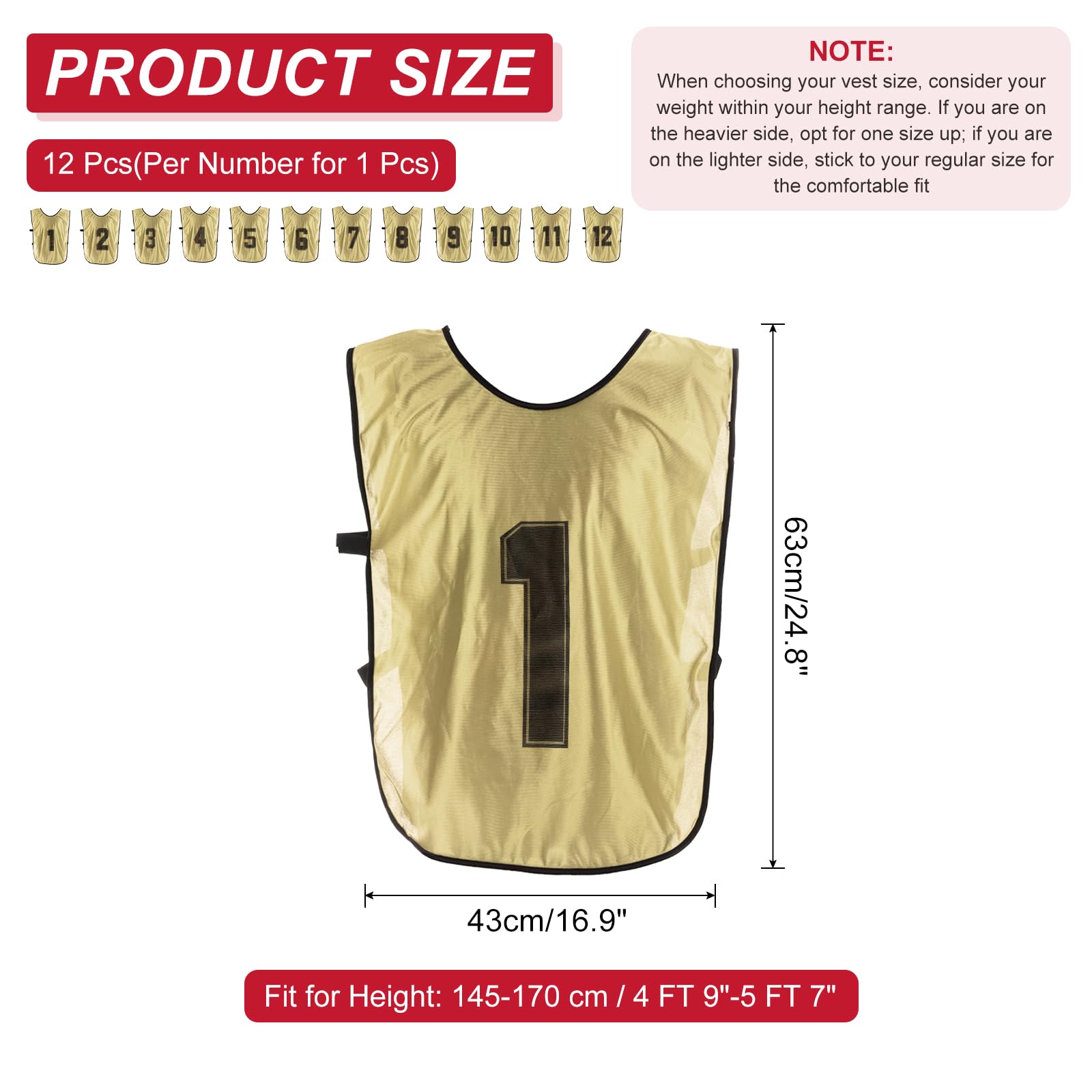 PATIKIL Lot de 12 gilets d'entraînement de football, réversibles, numérotés, avec ceinture pour adulte, 63,5 cm, doré, doré, 64 cm