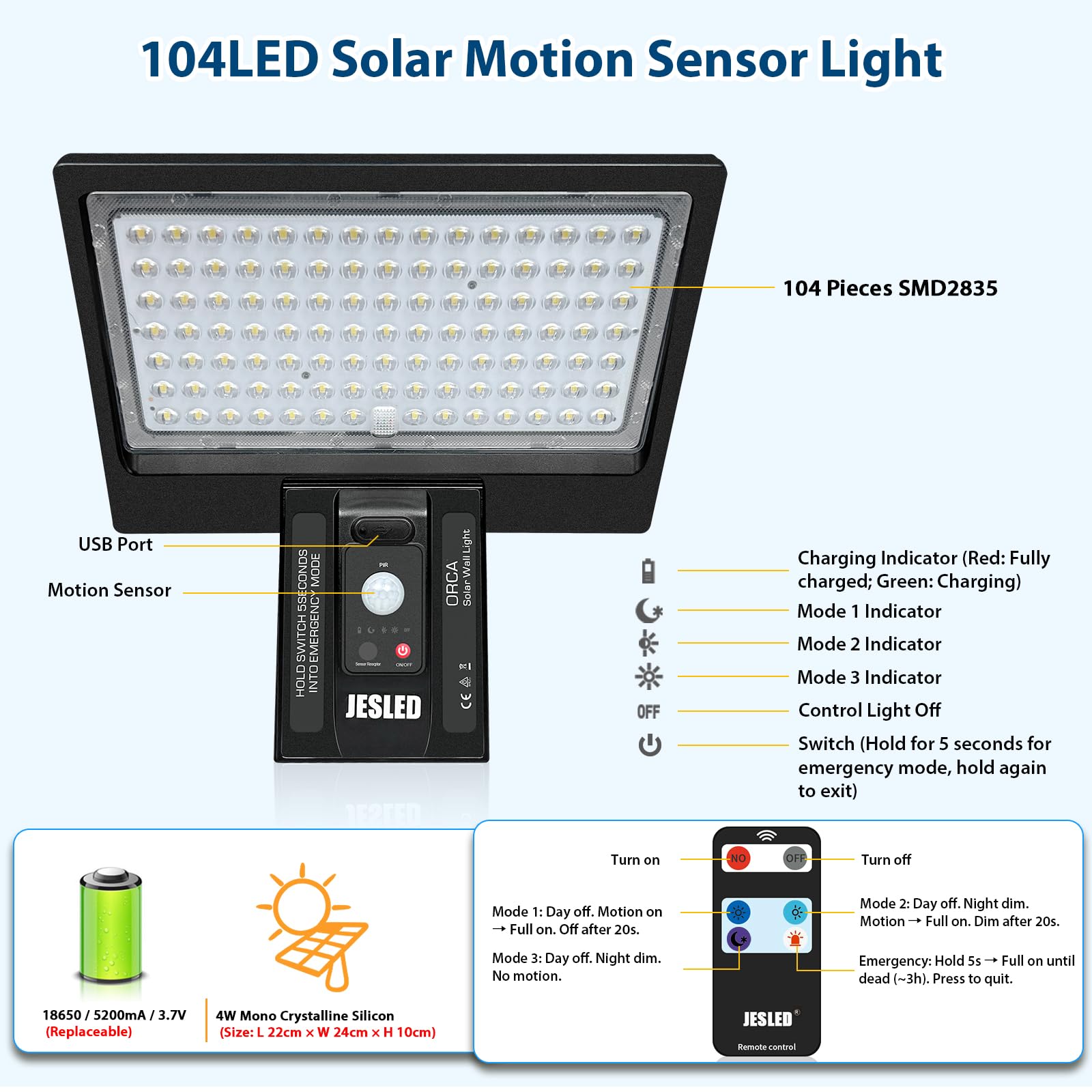 JESLED Lámpara Solar Exterior 104 LED con Sensor de Movimiento y Mando a Distancia, 6000K Luz Blanca, 4 Modos, IP65 Impermeable, Luz de Seguridad para Jardín, Patio, Pared (Pack de 2)